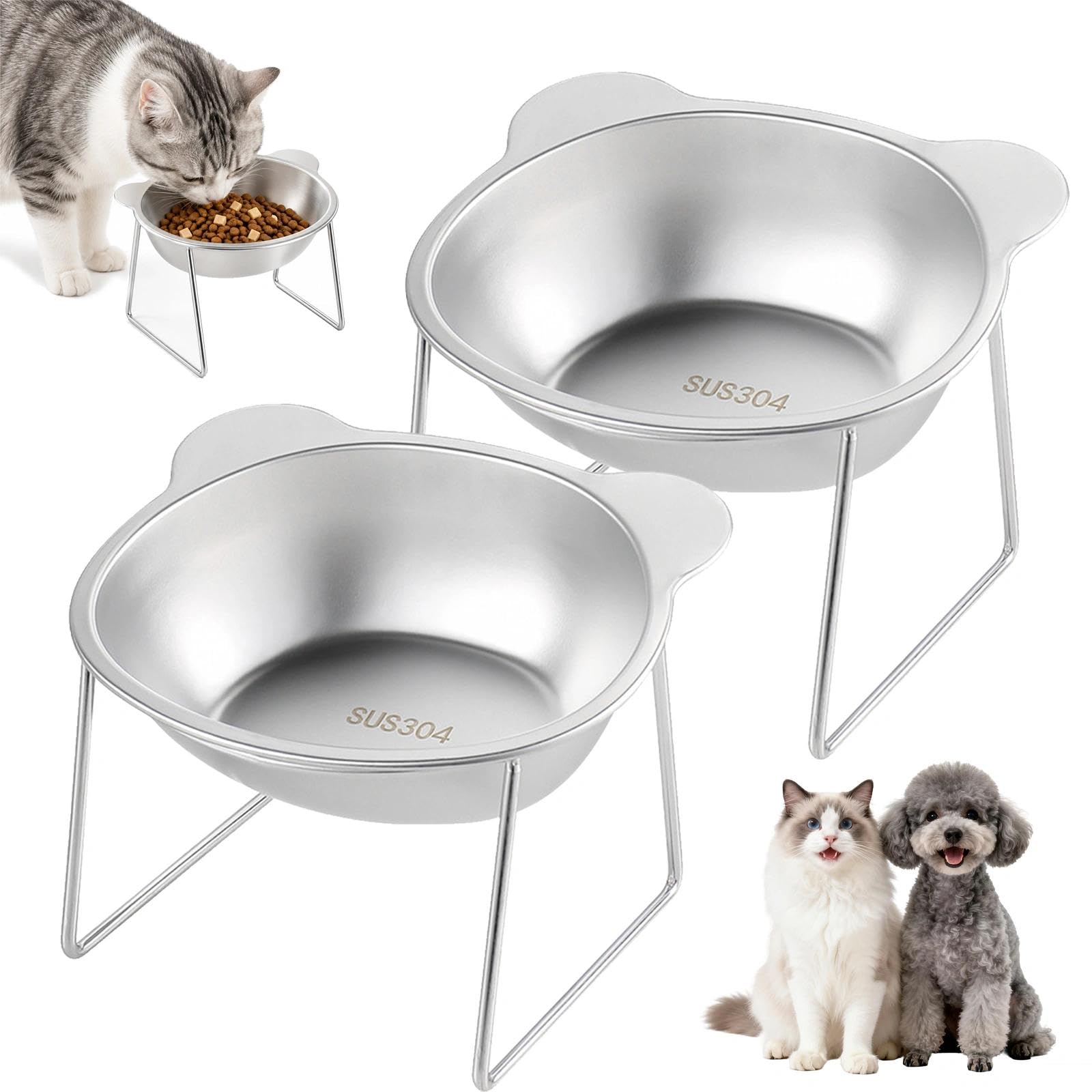 Raised Cat Bowls with Stand, 15 Degree Tilted Stainless Steel Non Slip