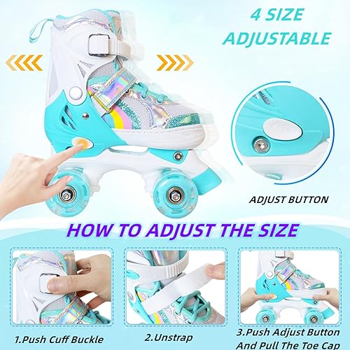 Miniatura 9 de Nattork Roller Skates for Girls Kids Toddler, 4 Sizes Adjustable Rainbow Quad Skates with Light up Wheels,Best Gift for Kids Beginners