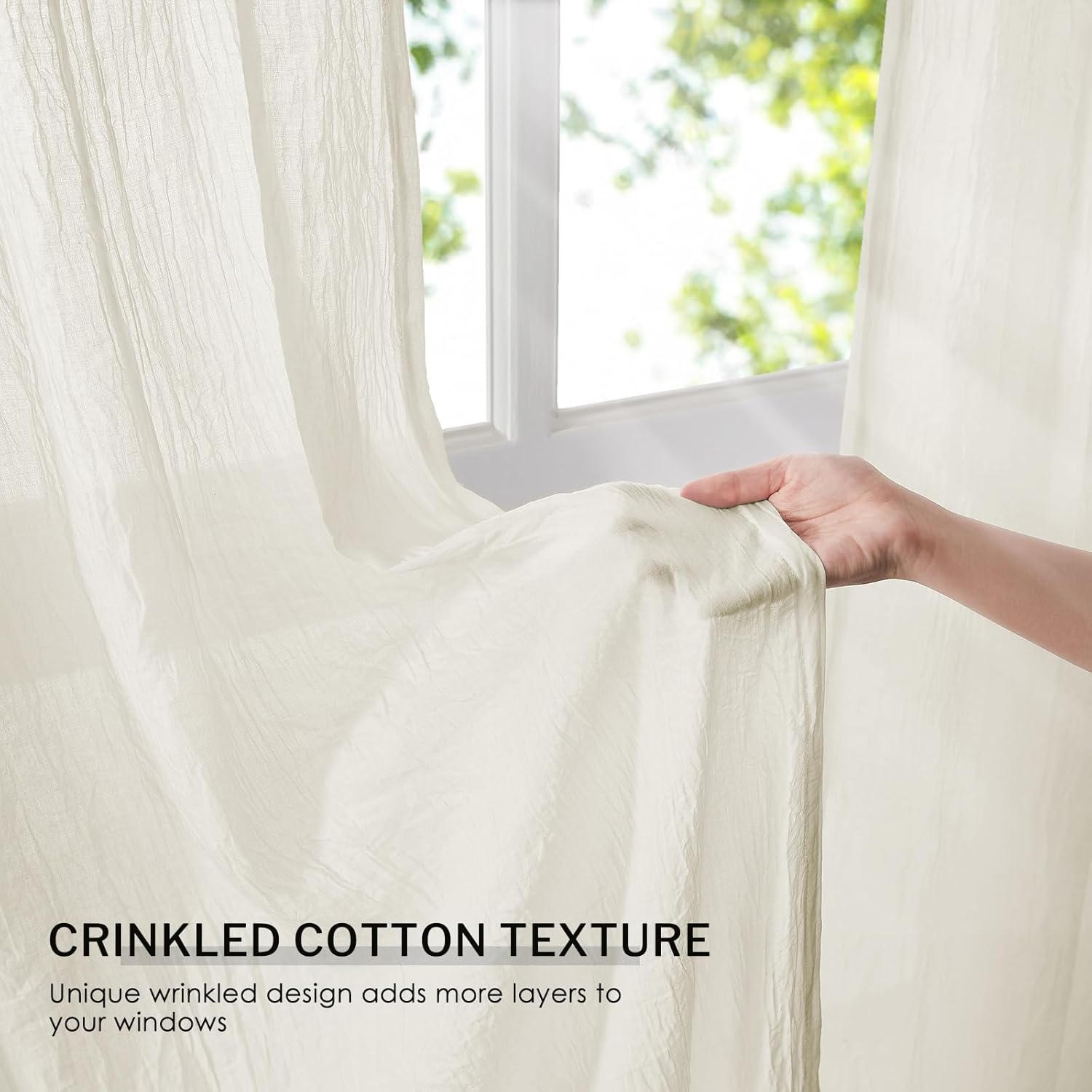 Melodieux Cream Sheer Curtains 84 Inches Long for Bedroom Living Room, Neutral Cotton Linen Light Filtering Window Sheer Curtains, Rod Pocket Crinkle Cozy Voile Drapes, 52" W x 84" L, 2 Panels