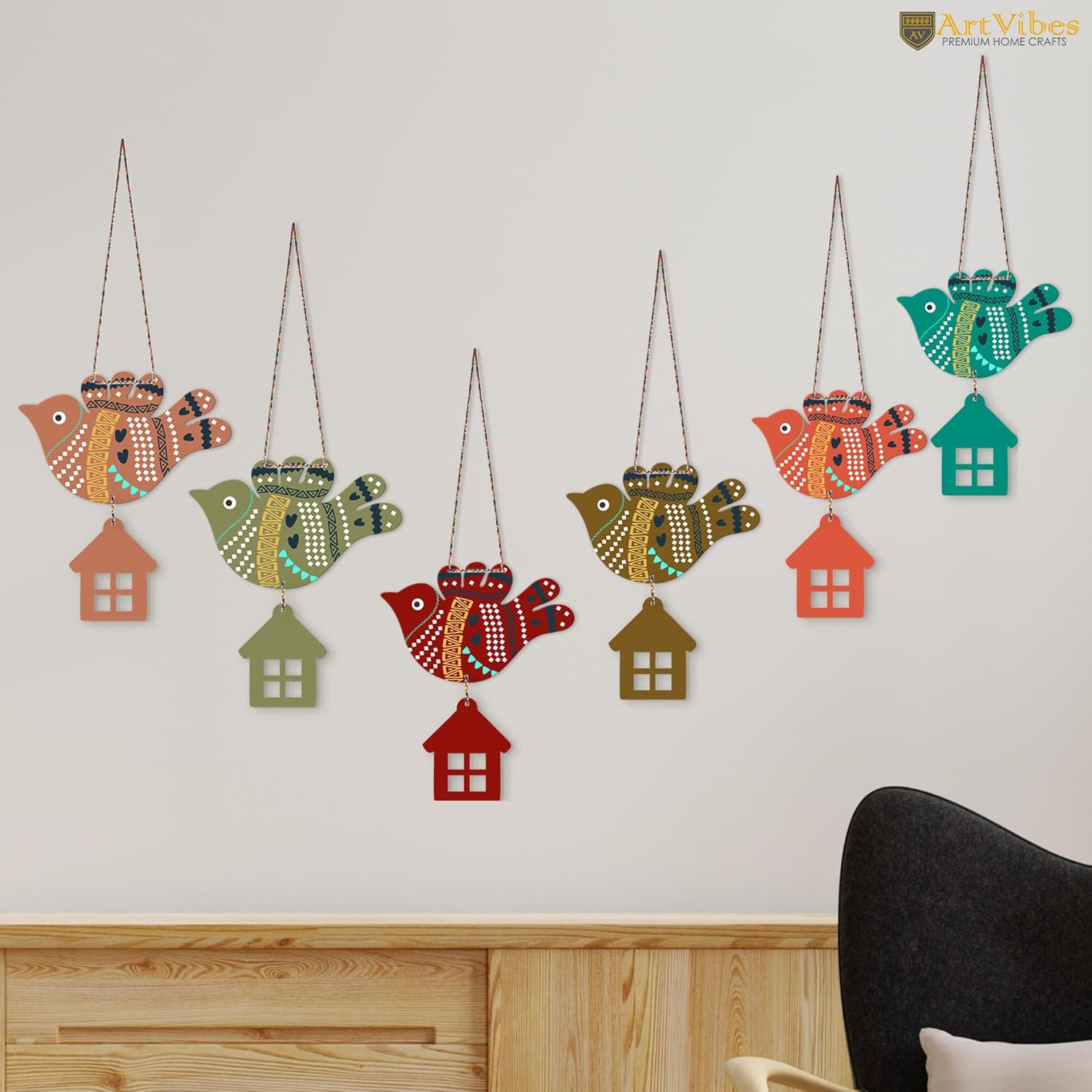 Artvibes Multicolored Flying Birds Wooden Wall Hanging for Home Decoration | Garden Balcony | Office | Cafe | Decorative Door Hanging | Festive Decor Art Items (WH_9106N), Pack of 6