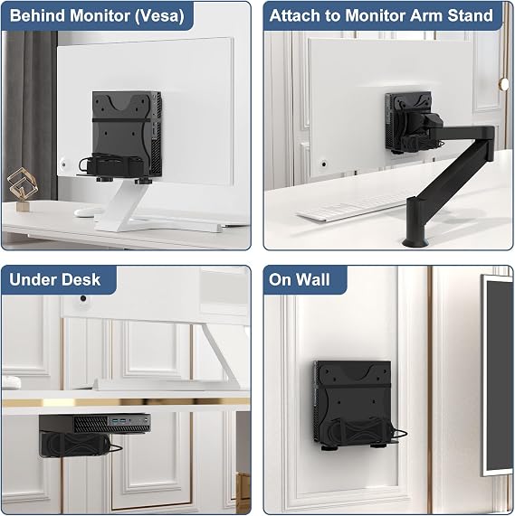 Adjustable Thin Client Mini PC Mount Bracket, Mini PC Vesa Mount, Under Desk Mount, Wall Mount and Attached to Monitor Arm Mount for NUC, Dell, HP, Mac mini, Cable Boxes, Wi-Fi Routers and Small CPUs
