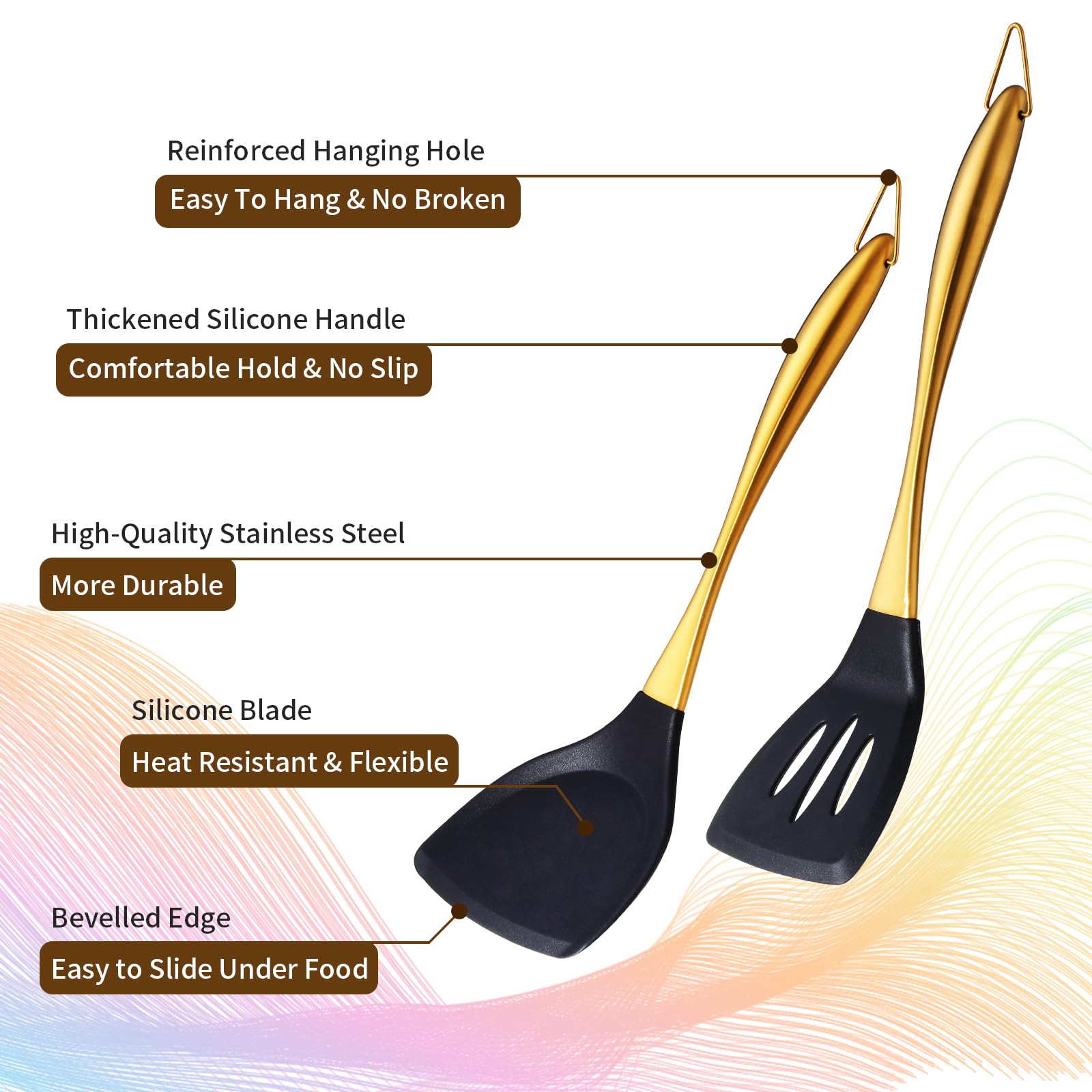 TEHAHA - Paquete de 2 espátulas de silicona, espátula de silicona de grado alimenticio y ranurada, espátula de silicona resistente al calor con mango de acero inoxidable, utensilios de cocina