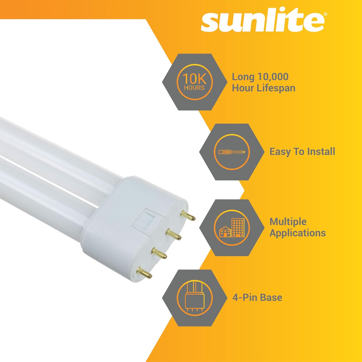 Sunlite FT40DL/835 Twin Tube Compact Fluorescent Lamp, FT 4-Pin, 40 Watts, 3150 Lumens, 3500K Neutral White, 4-Pin (2G11) Base, ROHS Compliant, 10 Pack