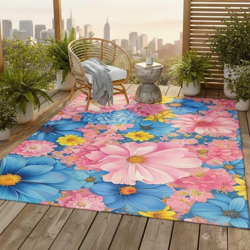 Blue Pink Yellow Blooming Flower Outdoor Rug 3D Multicolor Floral Pattern Outdoor Area Rug for Backyard Balcony Patio Garden Vibrant Art Decor Outside Carpet 4x6 No Slip Laundry Doormat Floor Mat