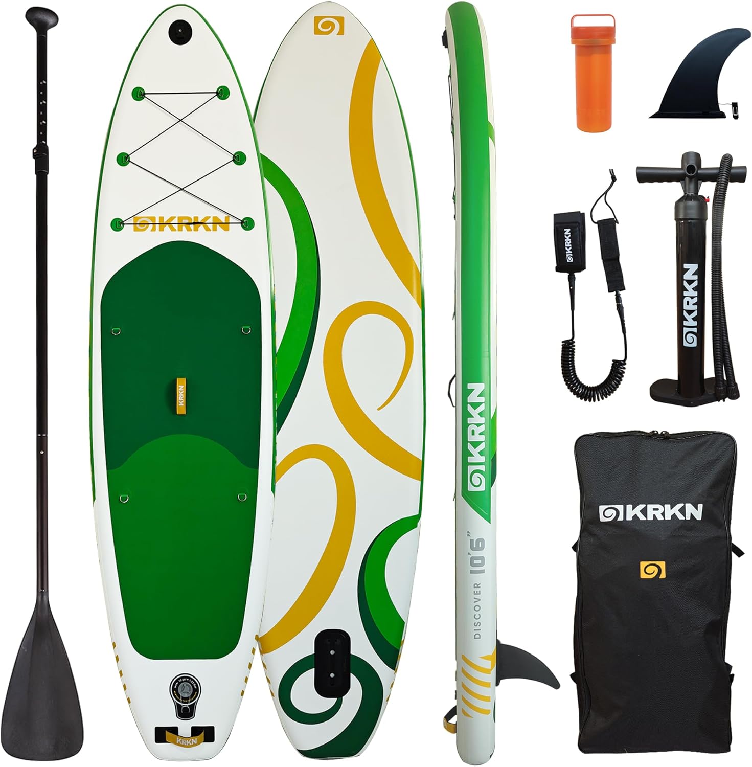 KRKN Discover 10'6" Stand Up Paddle Board, Inflatable SUP with Premium Accessories, Non-Slip Deck, Adjustable Paddle, Camera Seat & Backpack for All Skill Levels