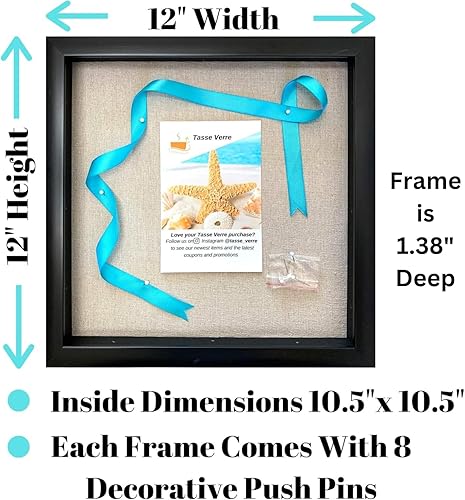 Miniatura 2 de Tasse Verre Caja de sombra negra de 12 x 12 pulgadas (paquete de 2) marco con fondo de lino y 16 pasadores de palo, marco de fotos listo para