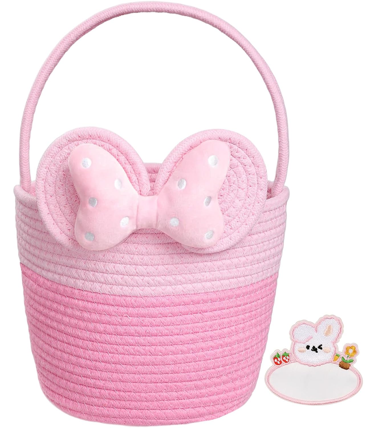Easter Basket for Kids - Cute Bow Woven Empty Easter Baskets with Handle for Girls Toddlers Children, Easter Egg Hunt Basket with Personalized Name Tag Patch and Raffia