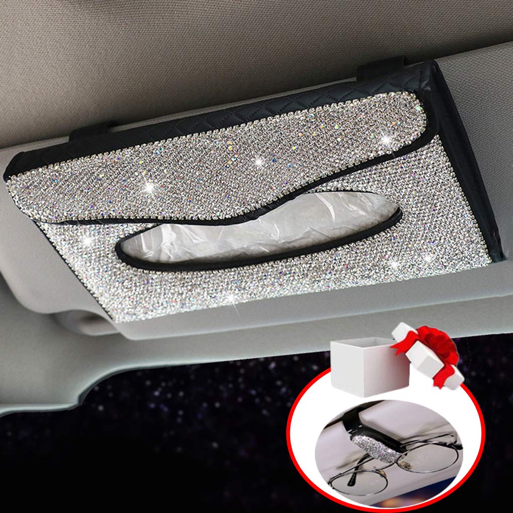 Dotesy Bling Sparkling Car Visor Tissue Holder Leather Crystals Paper Towel Cover Case & Glitter Sunglasses Clip for Women