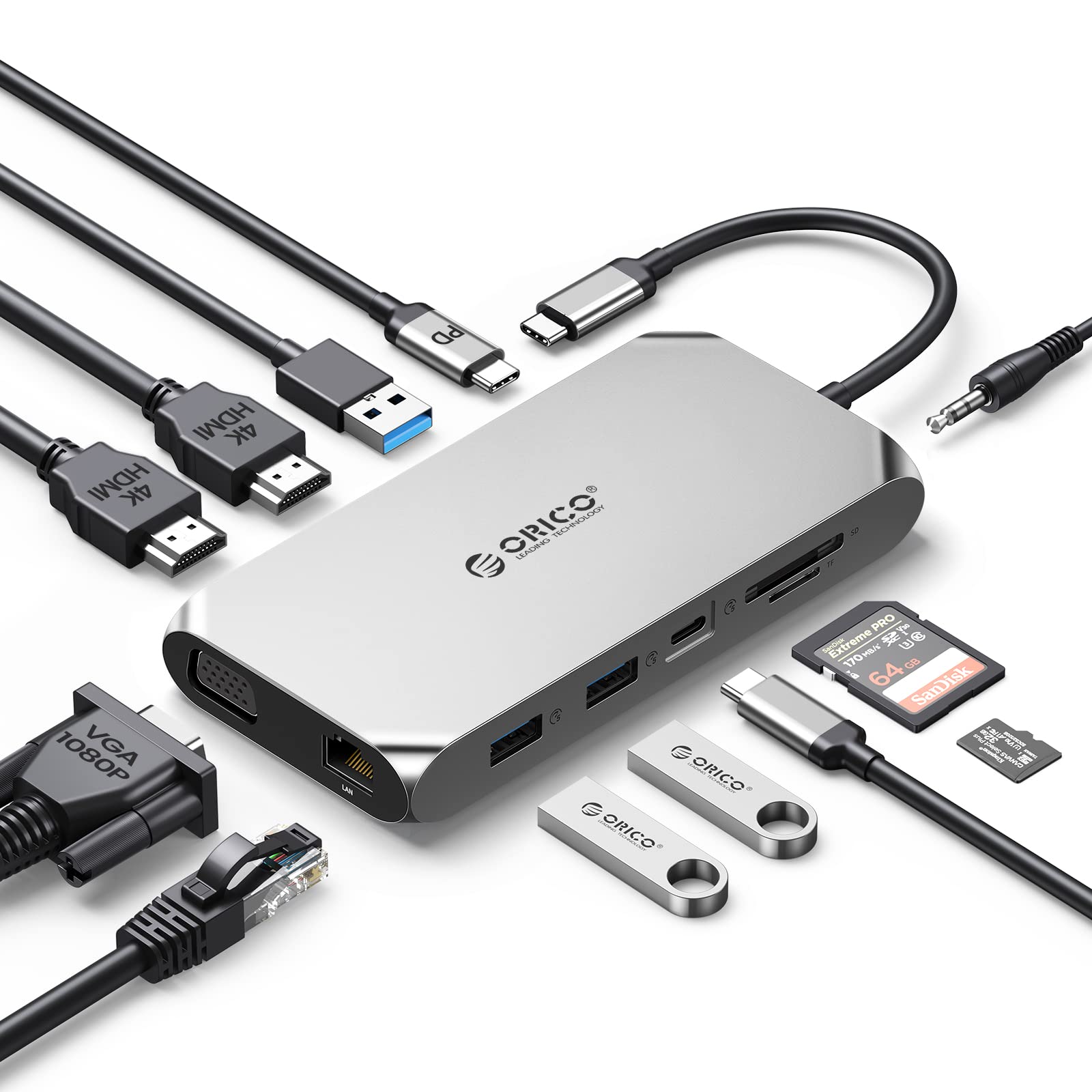 Station d'accueil Hub USB, ORICO Docking Station, Adaptateur USB C avec Double HDMI 4K, 100 W Power Delivery, Ethernet 1 Gbps, 3 Ports de données USB 3.0, Lecteur de Carte SD et microSD, 1080P VGA