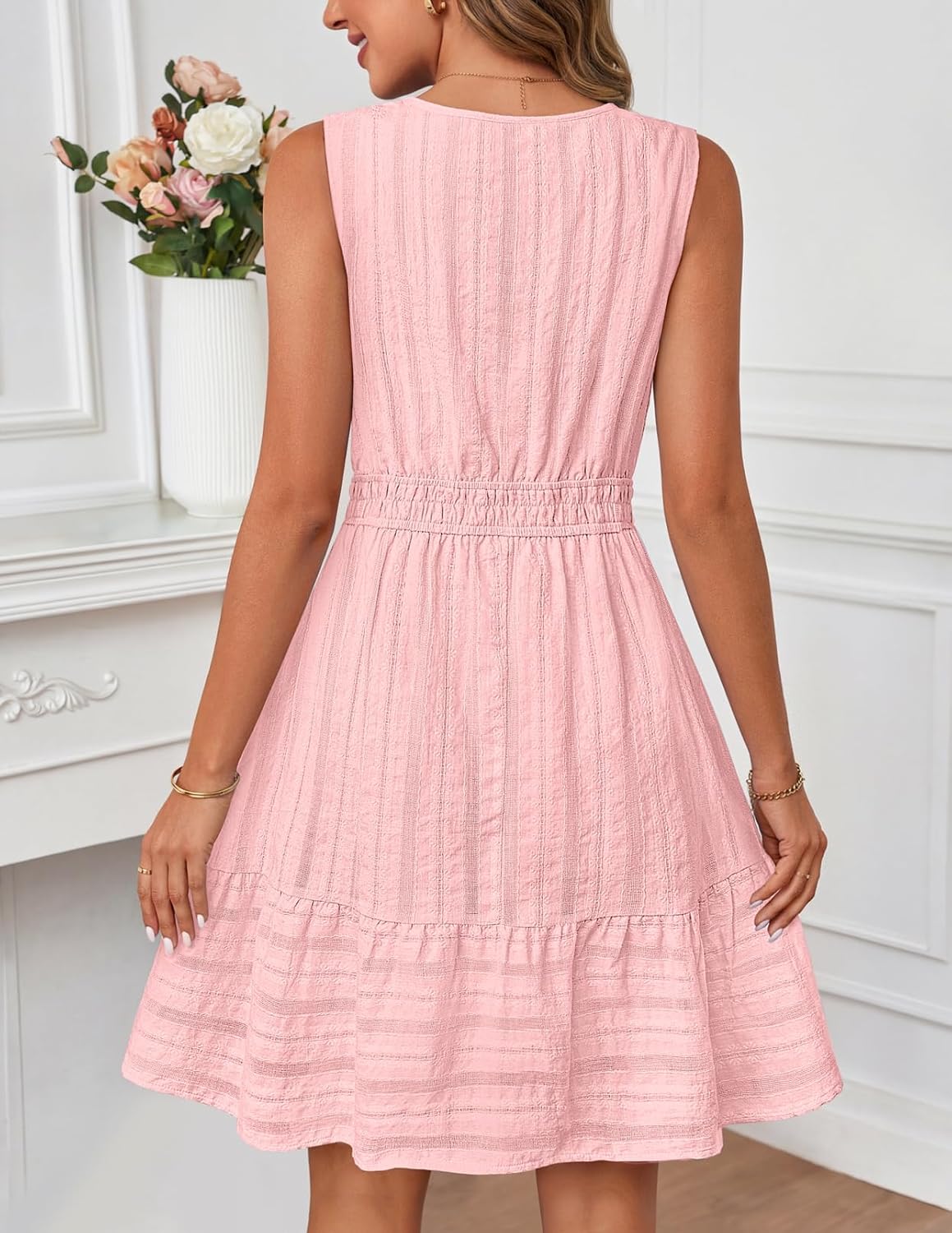 MEROKEETY Women's 2026 Summer Casual Mini Sundress Beach Vacation Sleeveless V Neck Flowy A Line Dress with Pockets - Image 4