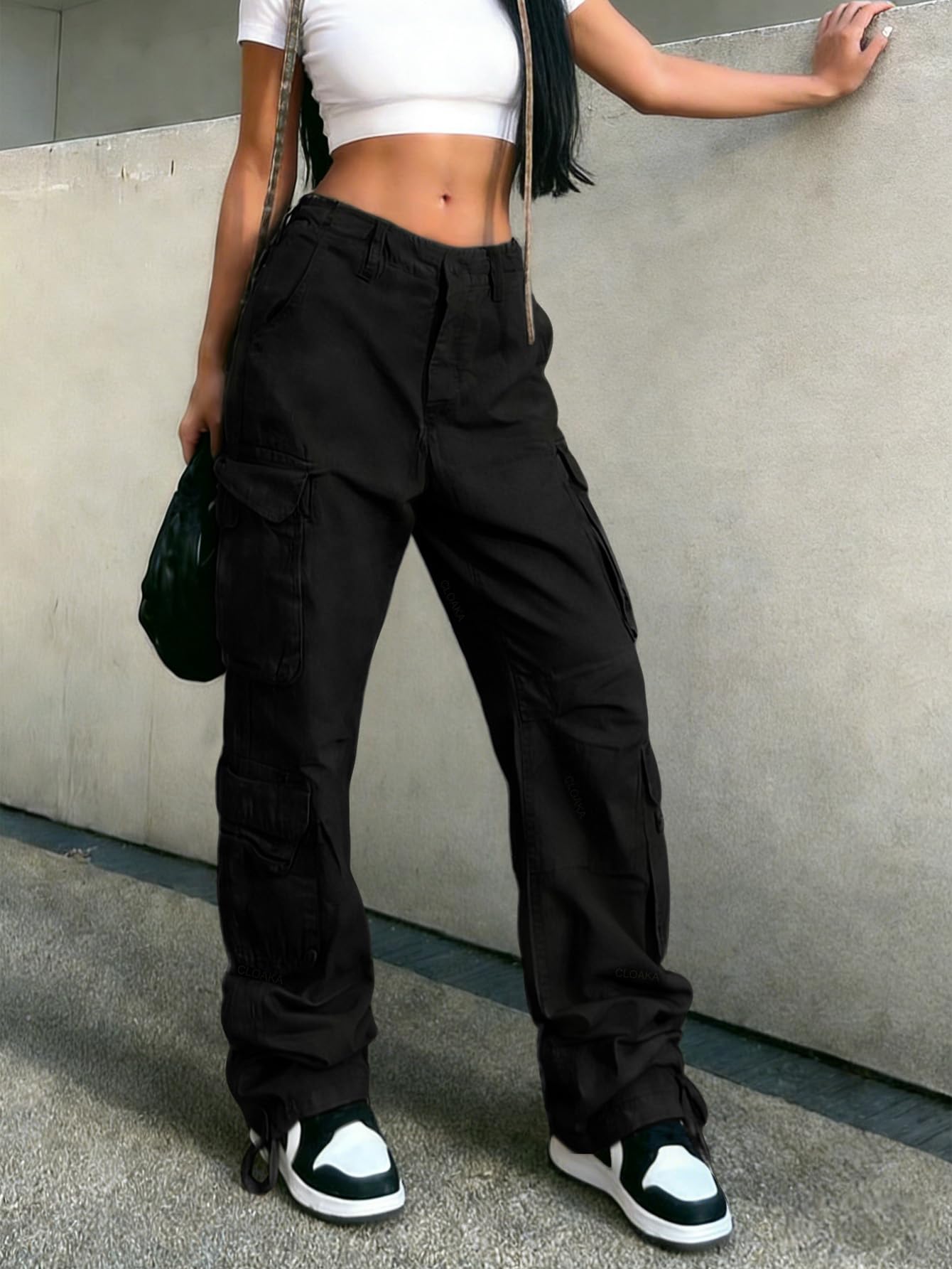 CLOAKA Pantaloni cargo da donna Y2k a gamba larga, per il tempo libero, in cotone, a vita alta, con tasche, Streetwear Cargo