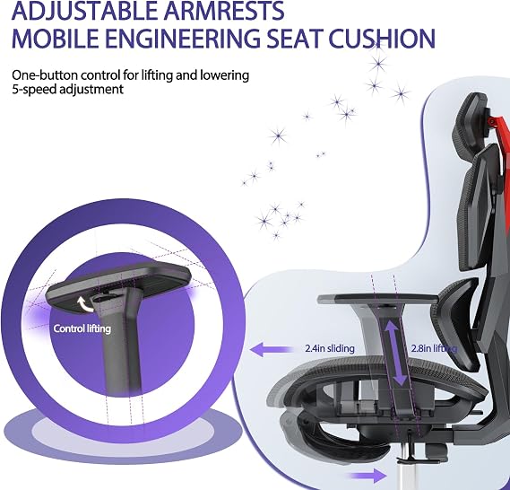 Ergonomic Gaming Office Chair, High Back Desk Chair, Mesh Computer Chair with Height Adjustable Lumbar Support, Adjustable 3D Headrest and Armrests Reclining Chair for Home Office,Black,Footrest