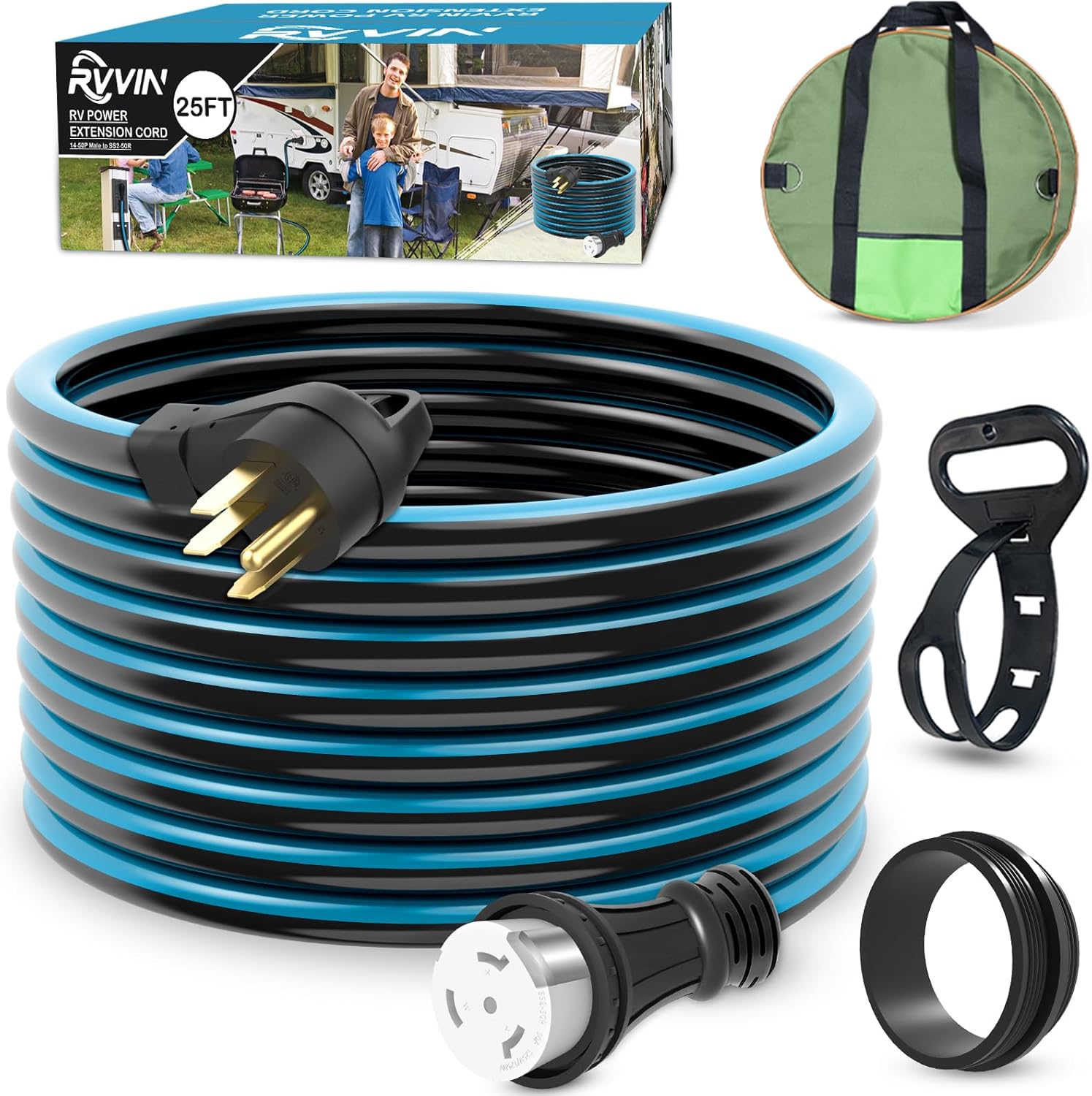50 Amp 25 Feet RV Extension Cord, 14-50P to SS2-50R Heavy Duty STW Generator Extension Cord for RV Camper and Generator to House, with Locking Connector, ETL Listed (Black&Blue)