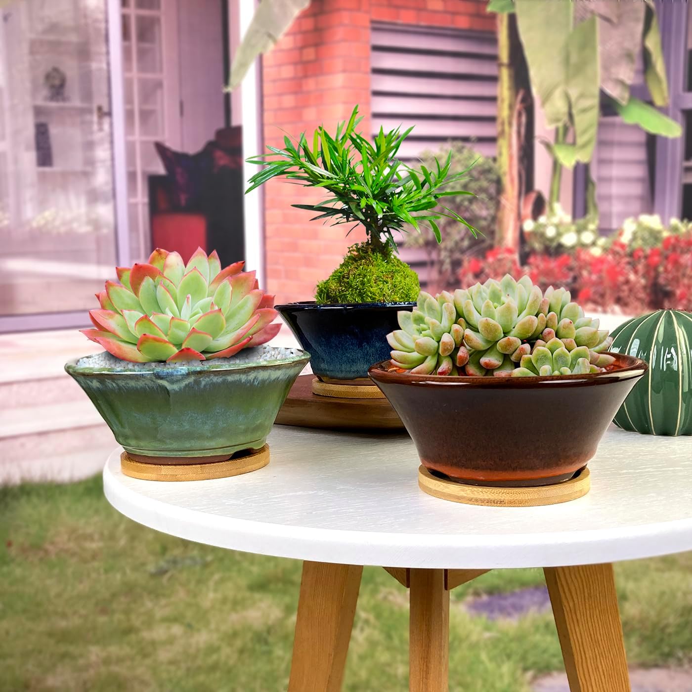 6 Inch Glazed Terracotta Succulent Pot Planter Small Plant Pot with Drainage Hole and Bamboo Saucer Cactus Ceramic Pot Set of 3 (Blue Green Orange)
