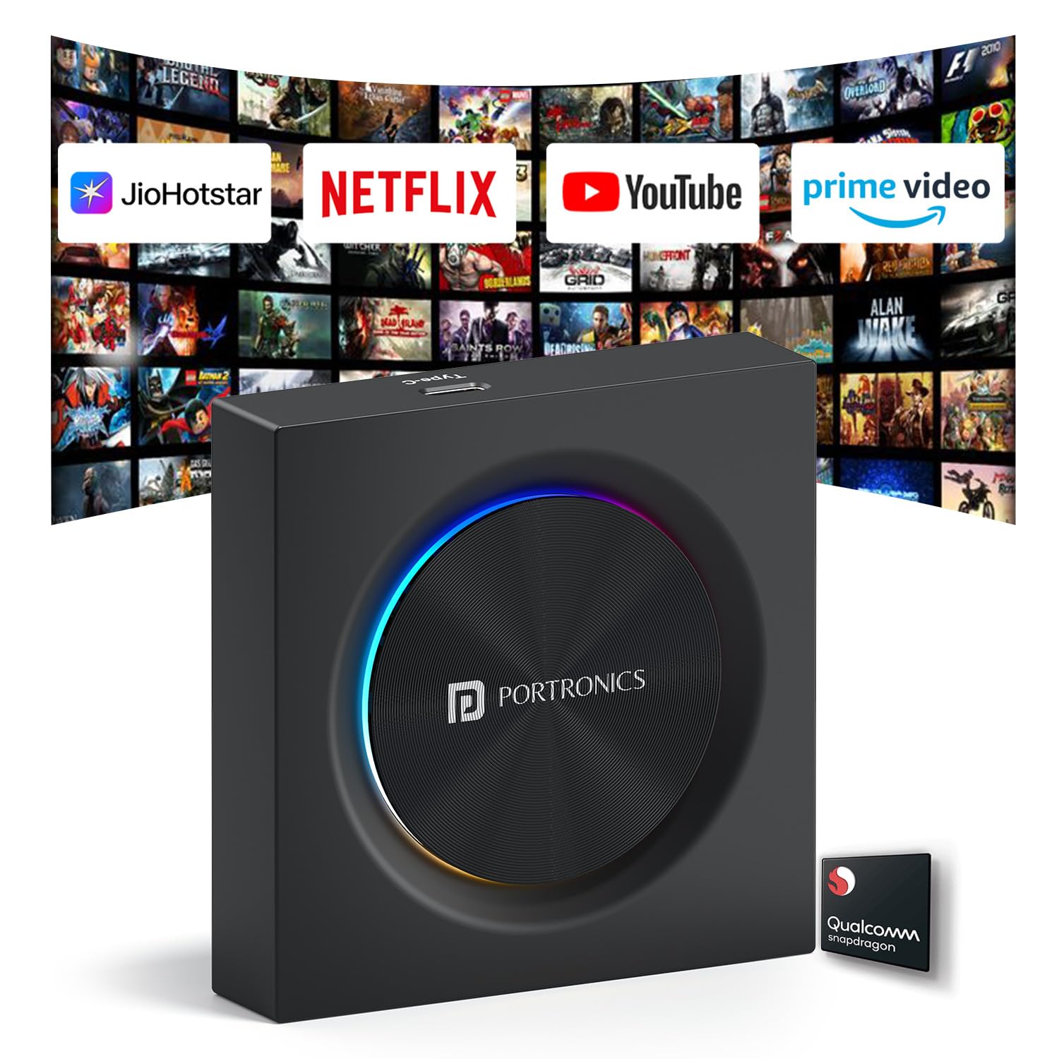 Portronics Tune Prime CarPlay & Android Auto Adapter, Stream YouTube, Netflix, JioHotstar on Car Screen, Converts Wired to Wireless, Qualcomm Octacore Snapdragon 662, SIM Slot, Android 14, 4GB + 64GB