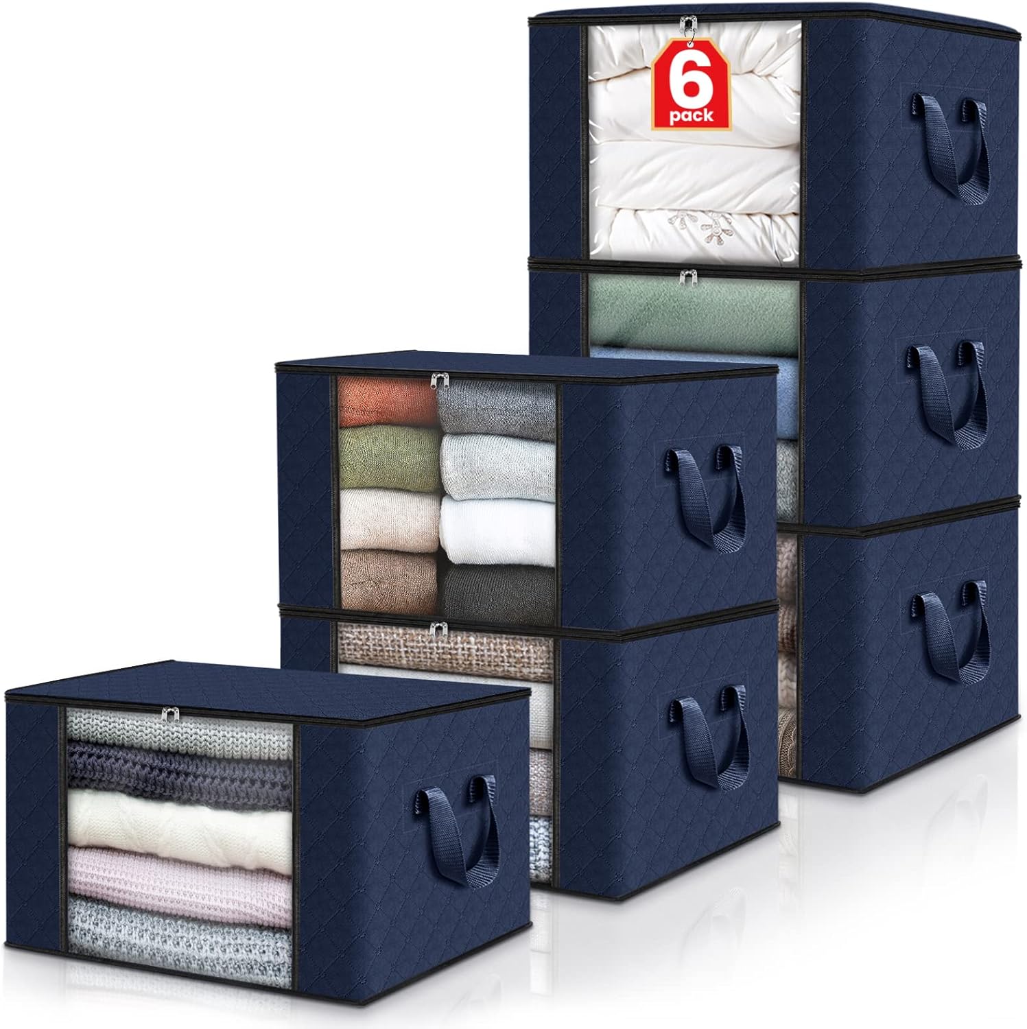 Fab totes 6 Pack Clothes Storage, Foldable Blanket Storage Bags, Storage Containers for Organizing Bedroom, Closet, Clothing, Comforter, Organization and Storage with Lids and Handle, Blue