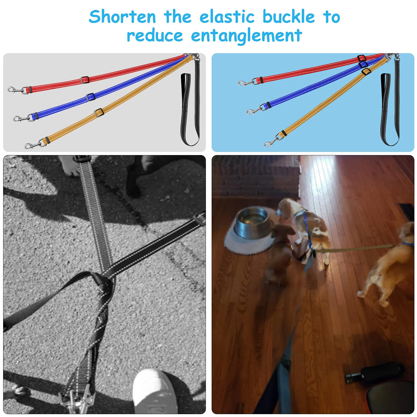 Guinzaglio Triplo Riflettente Ideapro - Regolabile Per 1,2 O 3 Cani, Maniglia Imbottita, Nero - Foto 5