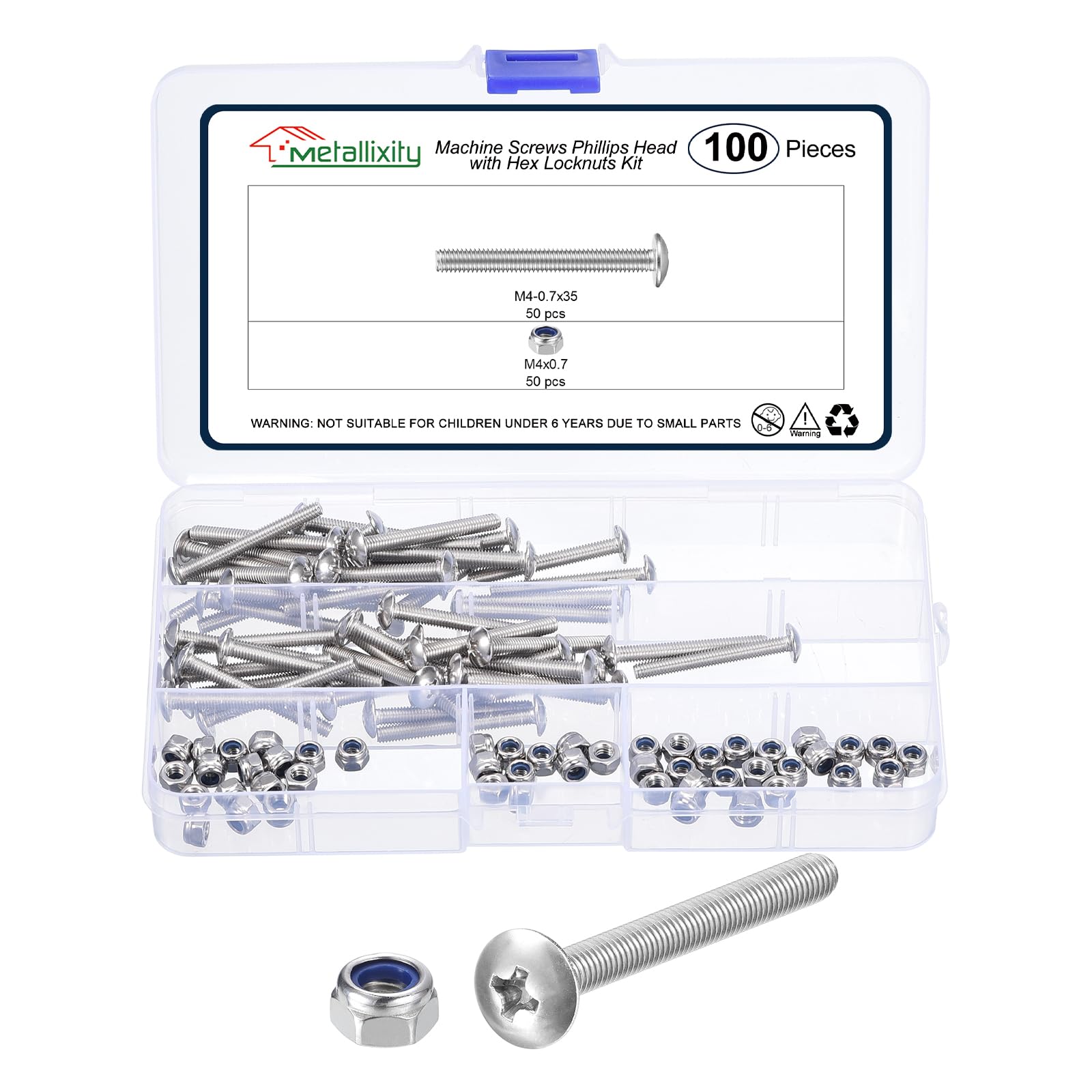 METALLIXITY Machine Screws Phillips Head(M4-0.7x35mm) 100Pcs with Hex Locknuts
