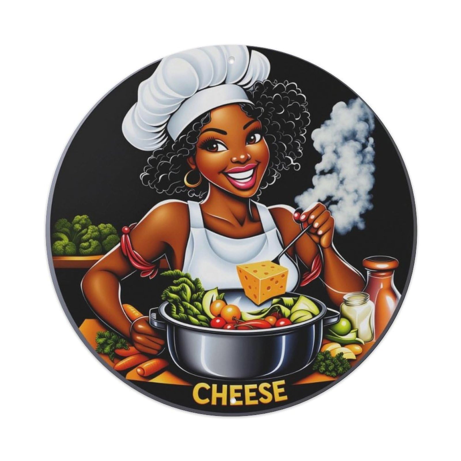 Kitchen Cheese Black Chef Art Round Decor Sign Vintage Aluminium Metal Sign, Retro Wall Decor for Home, Bar, Garage & Farmhouse 20x20cm