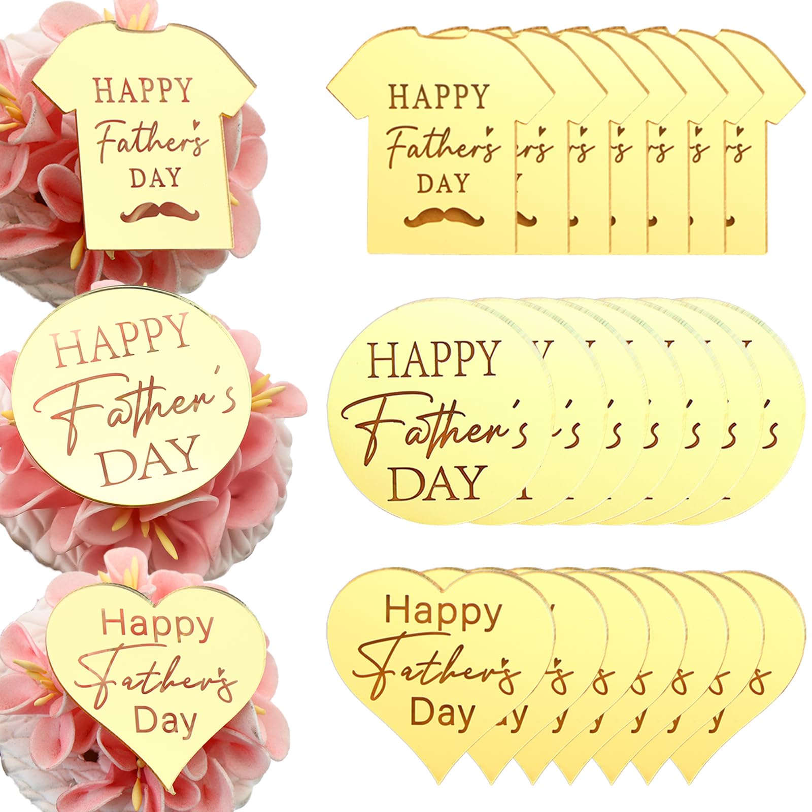 21 Pieces Happy Father's Day Cupcake Toppers, Gold Mirror Acrylic, 5cm, T-Shirt, Heart and Round Styles