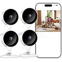WOLFANG Telecamera WiFi Interno, Videocamera Sorveglianza 1080P, Visione Notturna, Audio Bidirezionale, Notifiche del Sensore di Movimento, scheda SD e archiviazione cloud, 360°, Confezione da 4