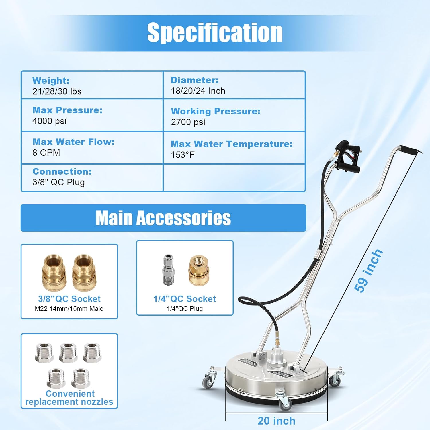 Dollate 20" Pressure Washer Surface Cleaner,with 4 Wheels,Dual Handle,5 Replacement Nozzles Stainless Steel Power Surface Cleaner for Concrete, Cement, Patios and Driveways 4000 PSI
