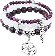 3 x Women's Natural Stone Bracelet, Boho Beaded Bracelet with Tree of Life Pendant, Women's Yoga Bracelets, 17-24 cm Colourful Stone Bracelets, Jewellery Gift for Women and Girls