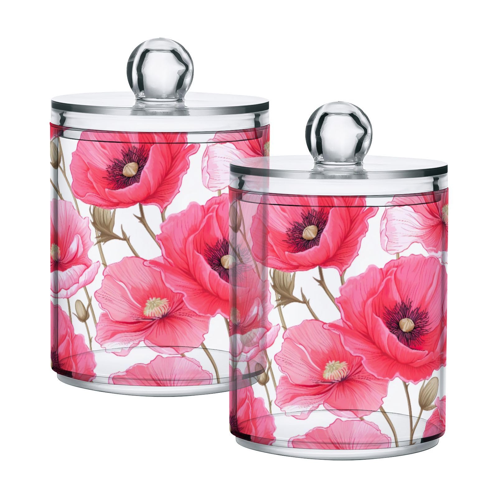 Msyxl 4 Pack Pink Poppy Flowers Apothecary Jars with Lid, Qtip Holder Storage Containers for Cotton Ball, Swabs, Pads, Clear Plastic Canisters for Bathroom Vanity Organization (10 Oz)