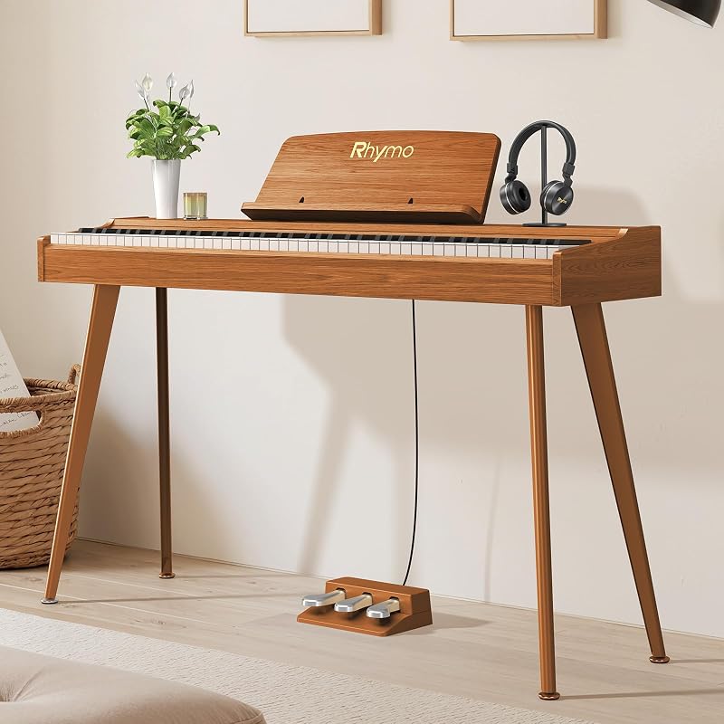Rhymo Digital Piano 88 Key Weighted Keyboard with Stand,Progressive Hammer Action Electronic Piano,Beginner Keyboard Piano,Full Keyboard Piano with Triple Pedal (Walnut Wood) | Dual Bluetooth & USB Midi, Full Size Digital Piano with Triple Pedal for Beginners and Professionals (Walnut Wood)