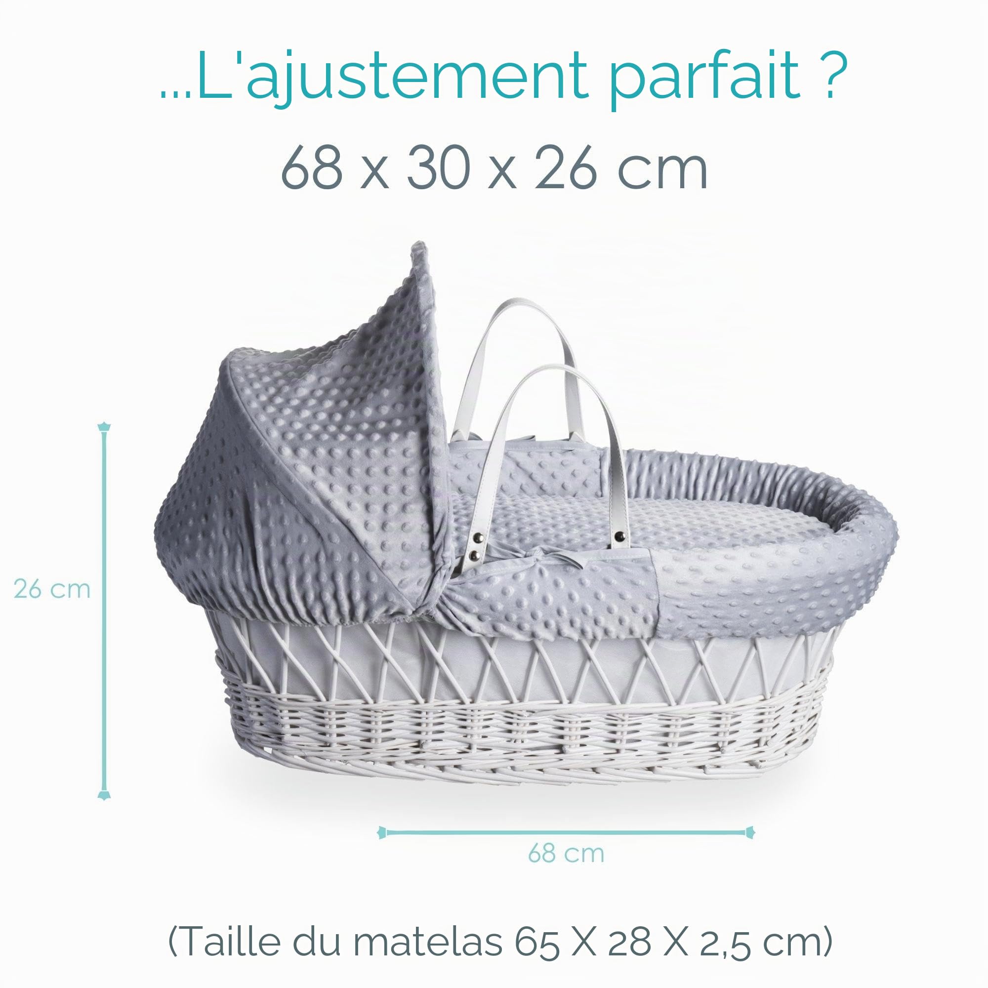 Clair de Lune Dimple Couffin en osier blanc avec literie 68 x 30 cm (gris)