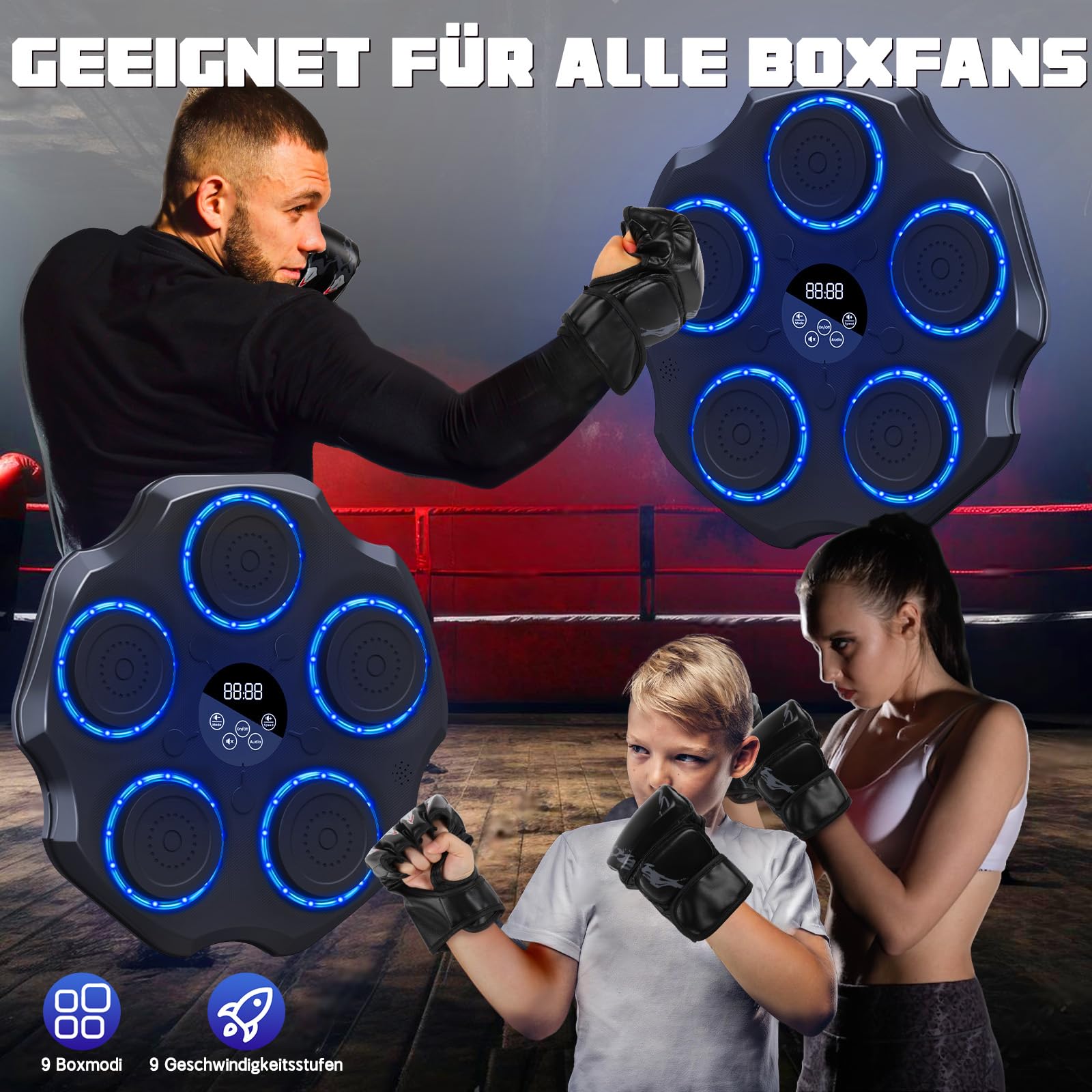 Lvelfe Music Boxing Machine à musique électronique LED avec gants de boxe, 9 modes de vitesse et mode de comptage Prise en charge Bluetooth, cadeau pour adultes et enfants Exercise