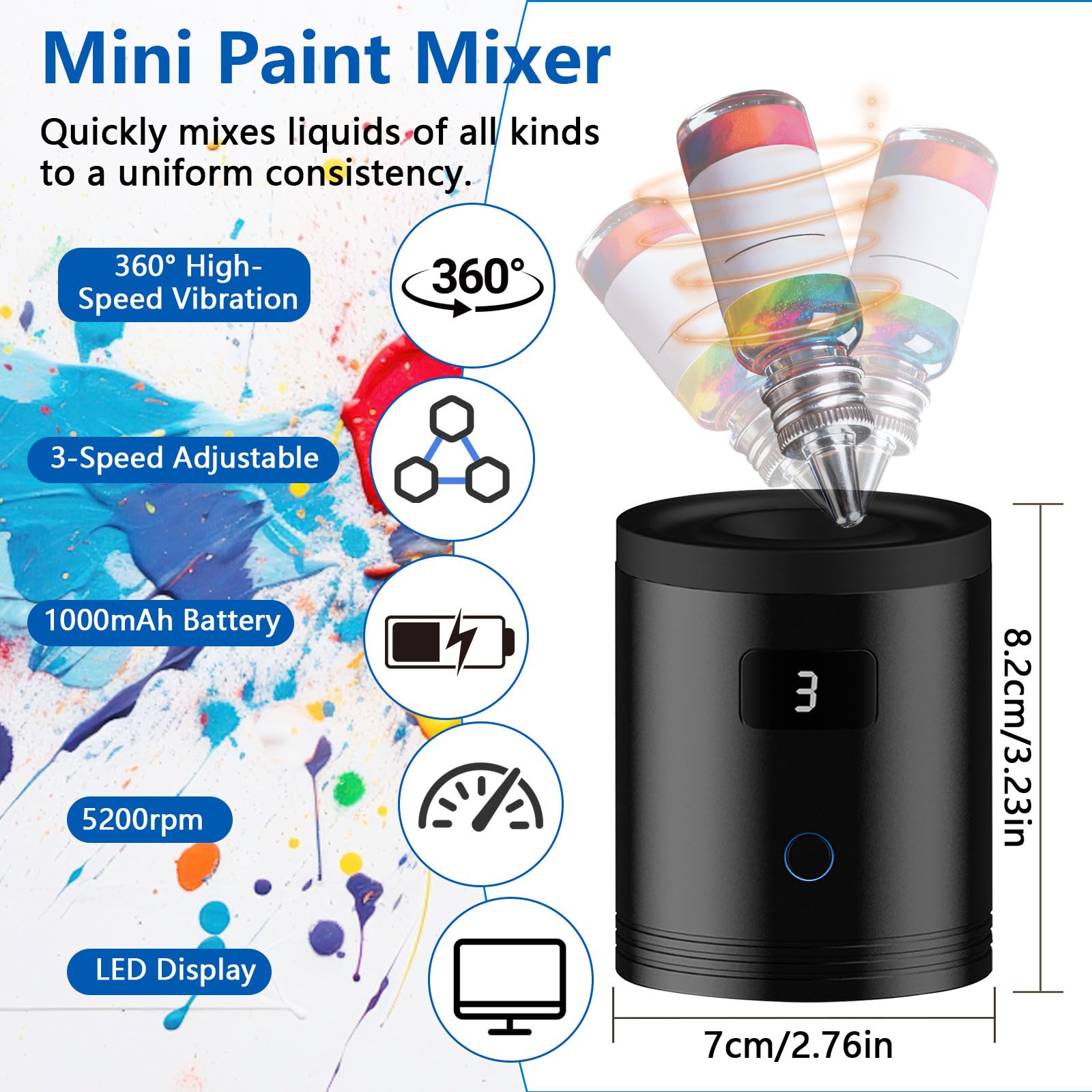 Mini Vortex Mixer – Kabelloser Paint Shaker mit 3 Geschwindigkeiten 3000/4000/5200 U/min, LED-Anzeige, Tattoo-Tinten-Mixer für Acrylfarbe, Nagellack & Wimpernkleber, 1000mAh Akku
