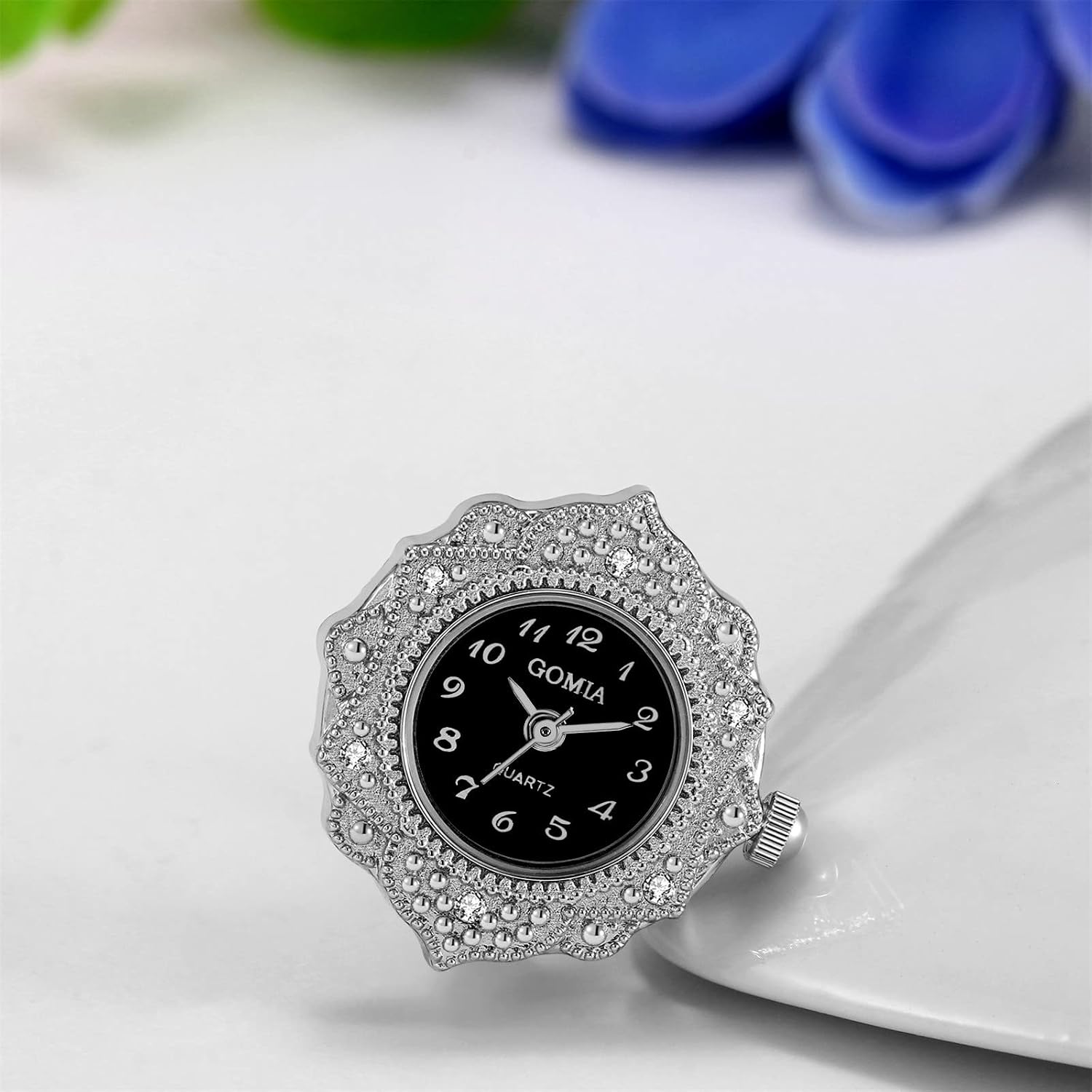 JewelryWe Novelty Finger Watch Classic Gold Silver Plated Round Quartz Adjustable Open Band Rings Watches for Men Women Halloween Costumes for Mother's Day