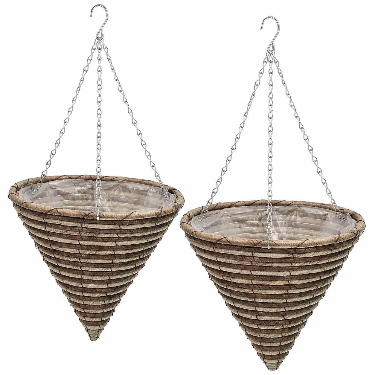 Quickdraw 2 x Cone Rope Hanging Baskets 12” – Outdoor Planters with Liner & Chains – Weather Resistant Flower Pots for Garden Plants & Flowers