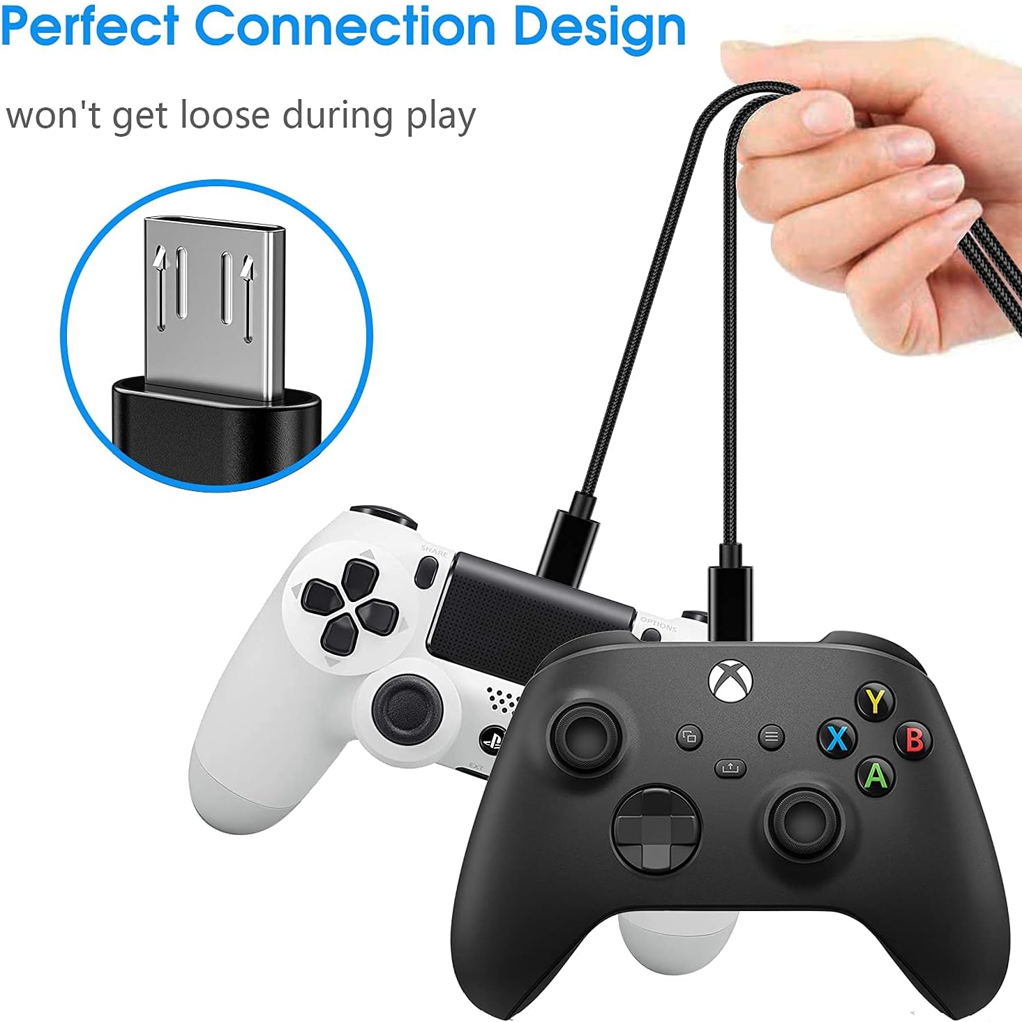 10FT PS4 Controller Charger Charging Cable, 2 Pack Nylon Braided Long USB to Micro USB Cable for Xbox One Controller, Playstation 4, PS4 Slim/Pro, Xbox One, Galaxy S7 S6 Note 5, Android Phone Charger