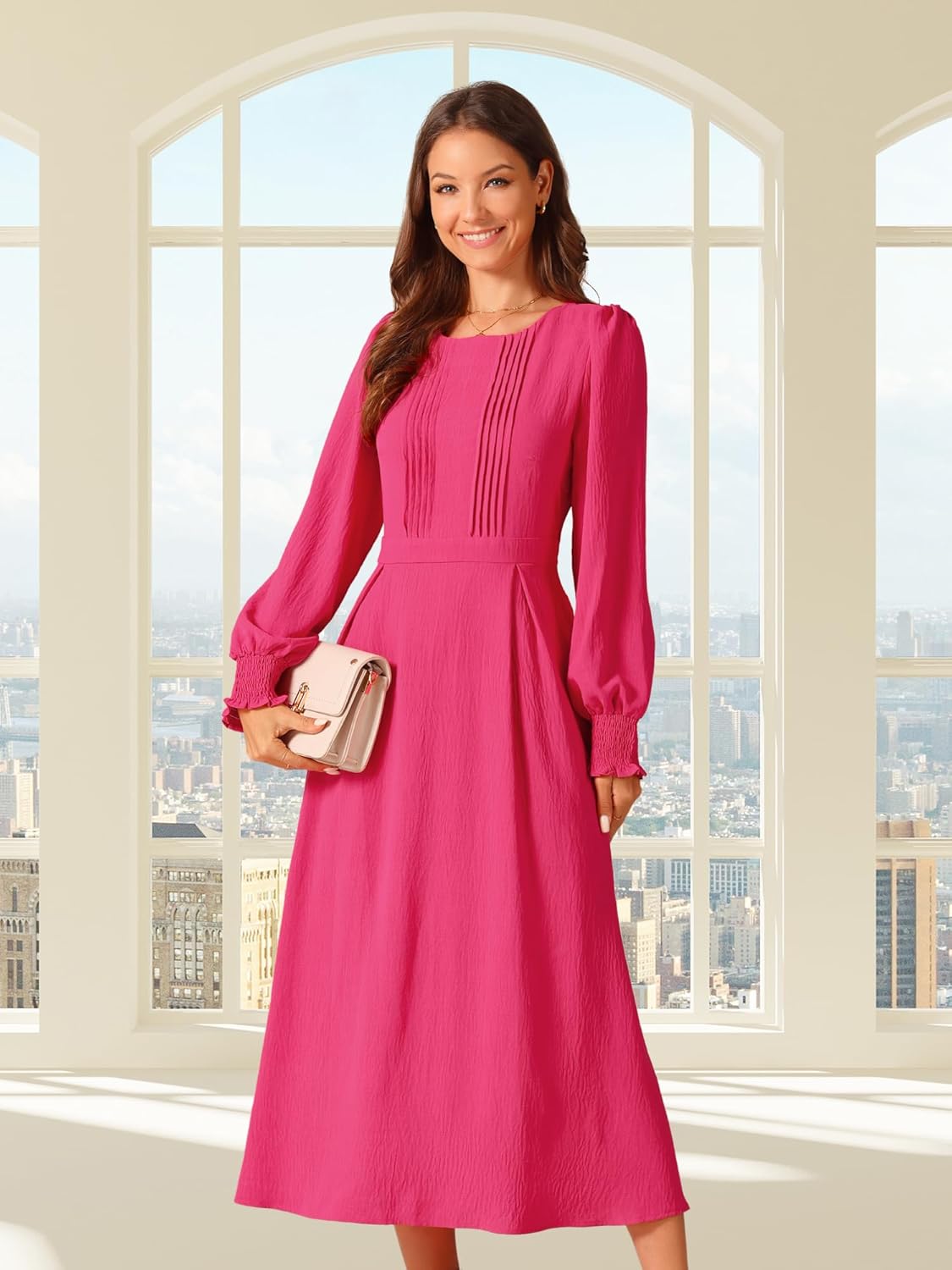 Seta T Women's Elegant Frilled Crewneck Midi Dress Long Sleeve Pleated A-Line Flowy Casual Dresses with Pockets, Medium - Image 4