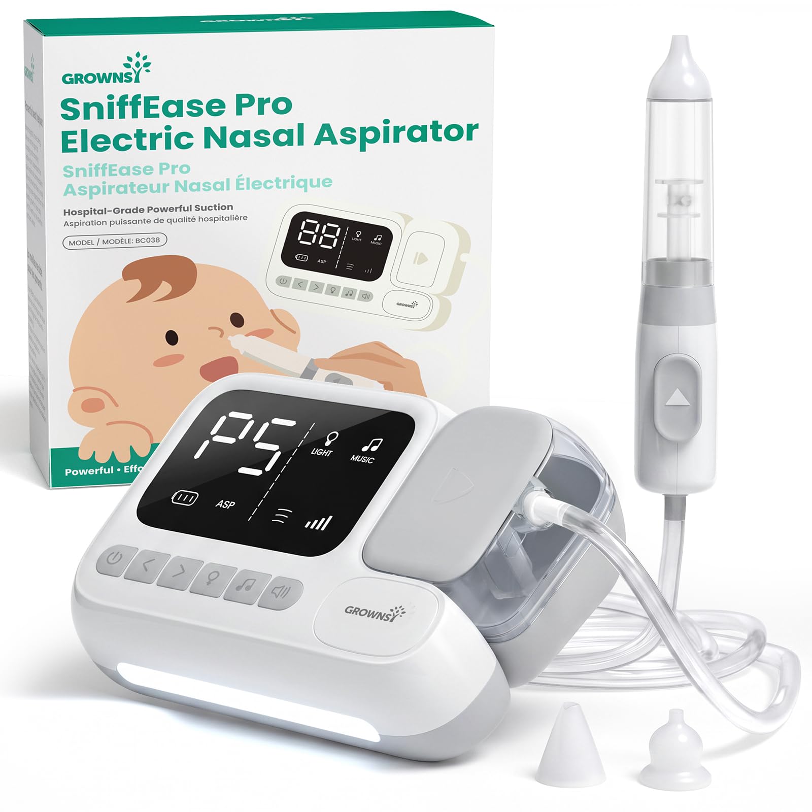 GROWNSY Aspirador nasal eléctrico para bebé, succión de nariz de bebé con succión de grado hospitalario, modo de impulso de un solo toque, cámara de colección grande de 70 ml, sistema calmante