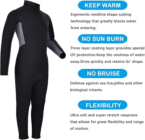 Miniatura 5 de Traje de neopreno para niños y jóvenes, trajes de baño de neopreno de 0.118 pulgadas para niños, 0.079 in, manga cortacompleta, cremallera trasera