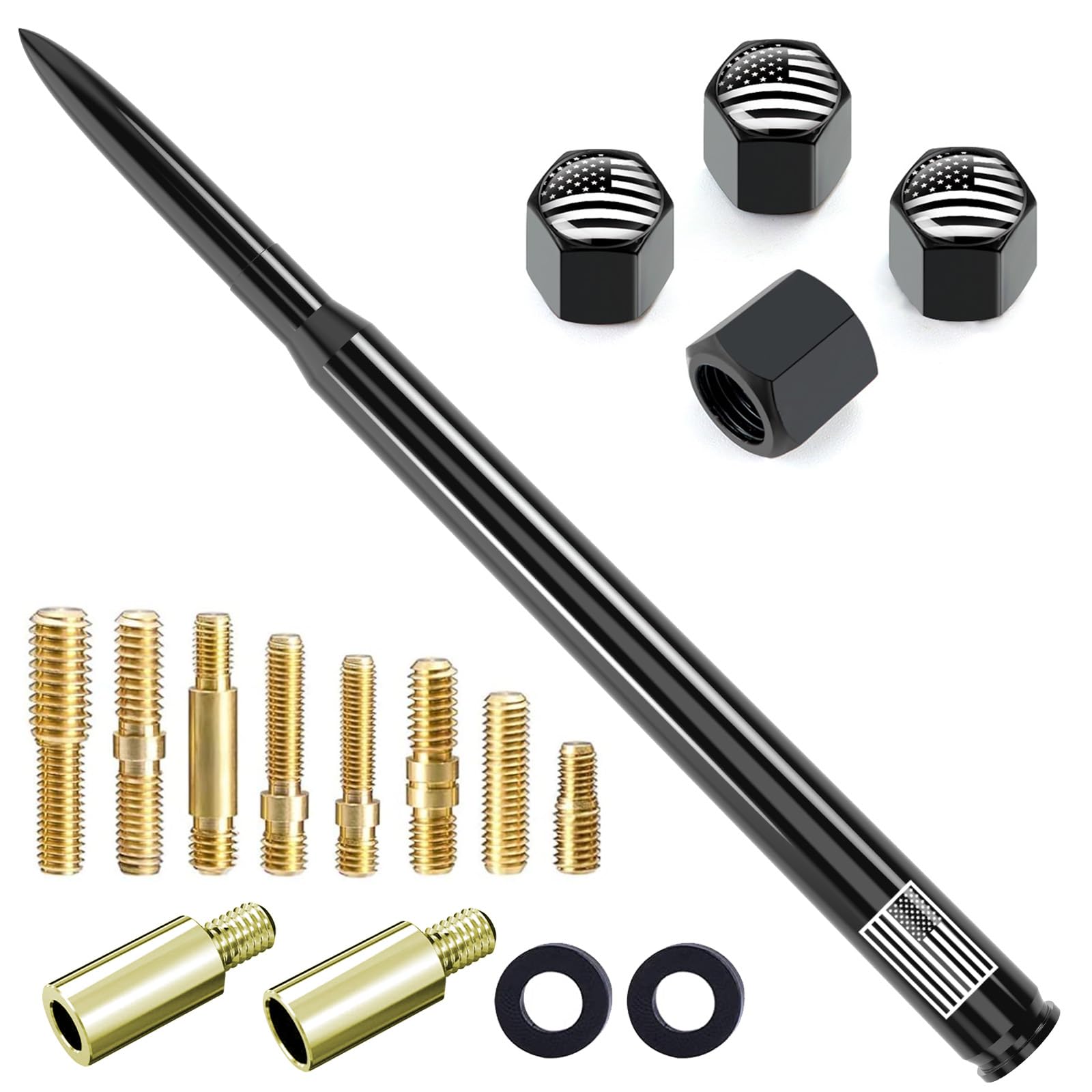 10" Car Truck Bullet Antenna with Tire Valve Caps American Flag Universal Replacement for GMC Sierra Chevy Silverado Dodge Ram 1500 2500 3500 Ford