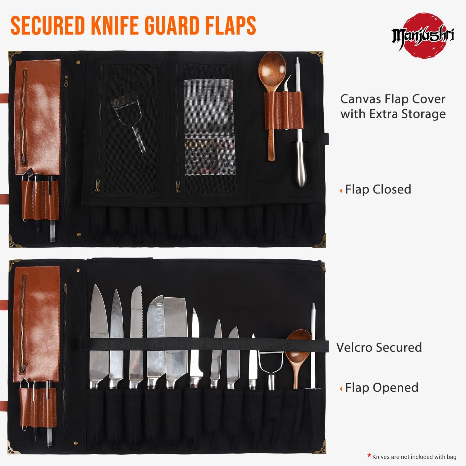 Exclusive Discount 50% Price Manjushri 12 Pockets and 5 Storage Zipper Pouch Waxed Canvas & Genuine Leather Culinary Chef Knife Folding Roll Bag Organizer