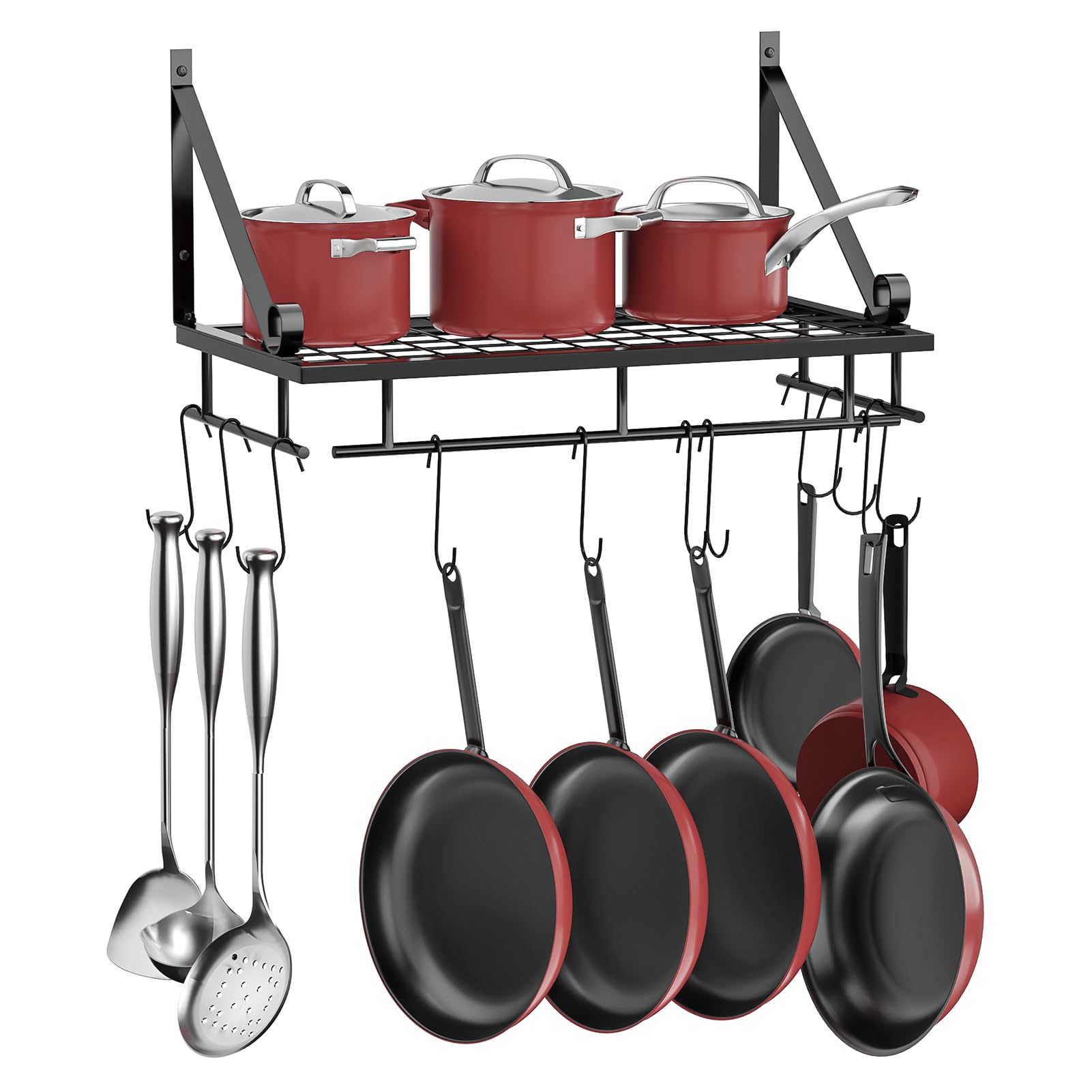 Xemqener Étagère murale à suspendre pour casseroles avec 10 crochets amovibles, étagère murale avec porte-serviettes, organiseur pour ustensiles de cuisine, salle de bain 45*24*25cm
