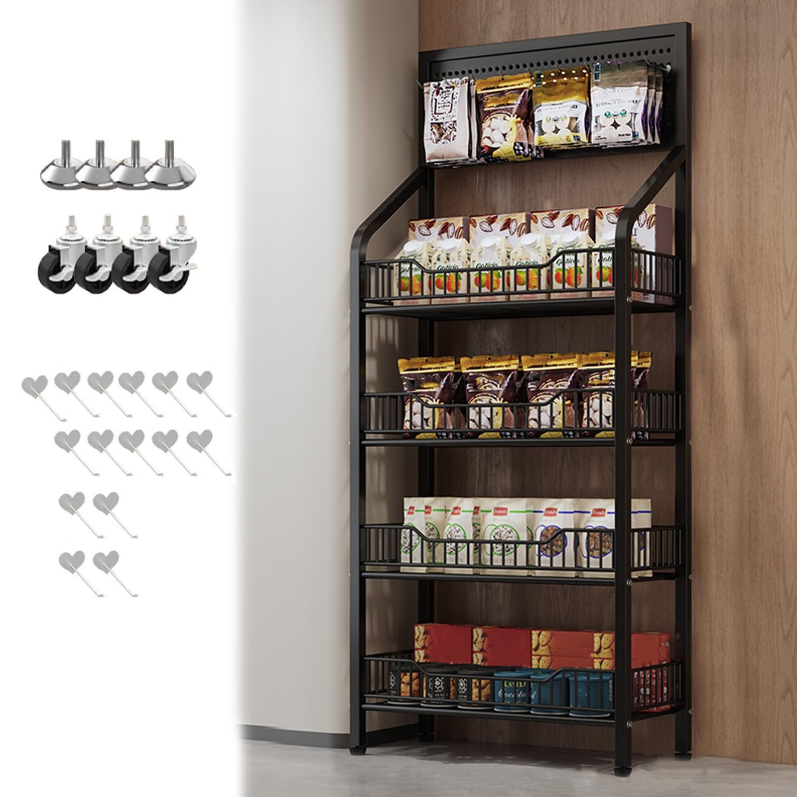 Süßwaren- und Snack-Verkaufsständer, 4-stöckiger Metall-Supermarkt-Imbiss-Kartoffsständer mit Rollen, Haken und Fußmatten, Lagerregalwagen (Schwarz, 60 x 27 x 140 cm / 23,6 x 10,6 x 55 Zoll)
