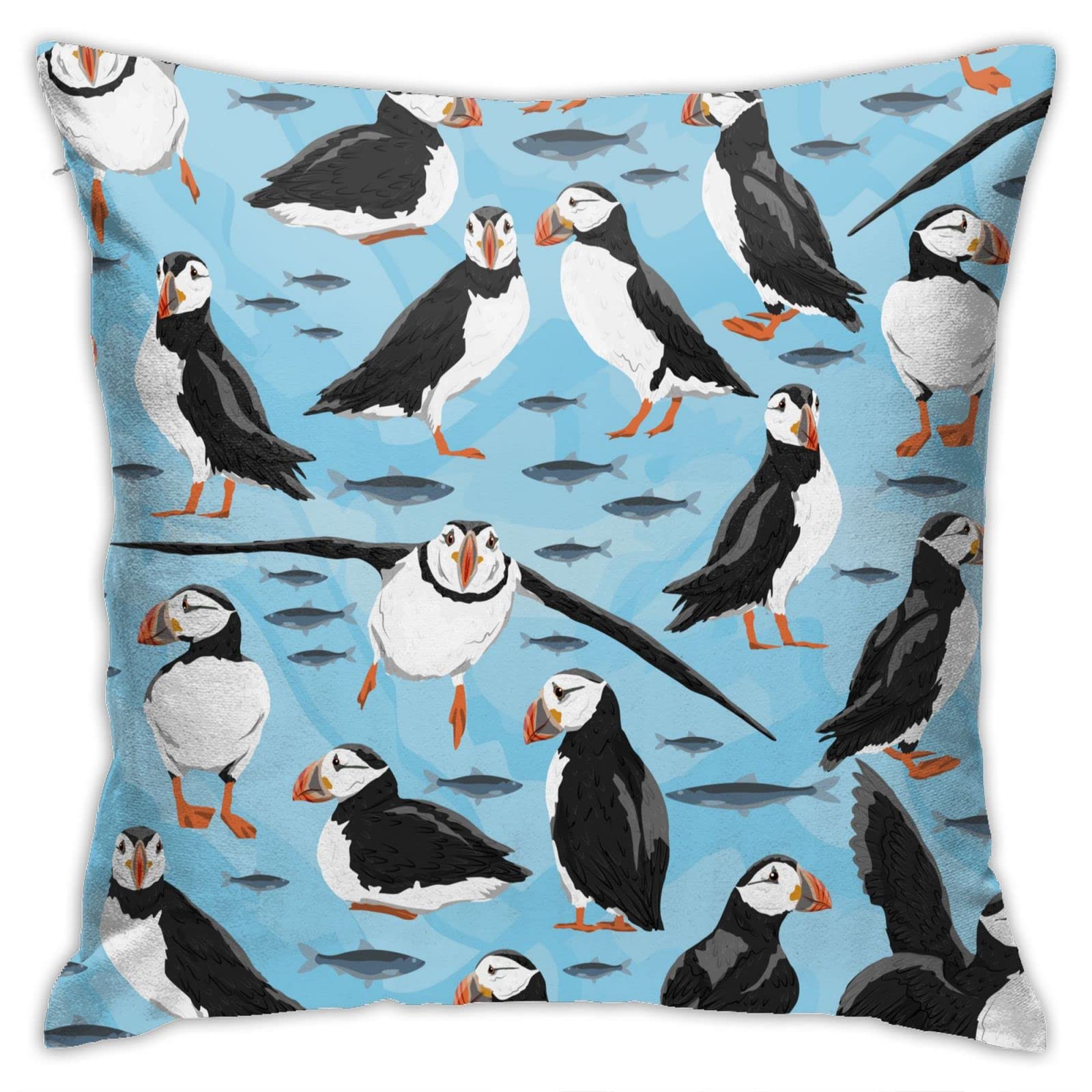 Pillow Case Atlantic Puffin Bird Cartoon Blue Double Sided Plush Pillowcase Square Cushion Covers for Sofa Bed Decor 45x45cm