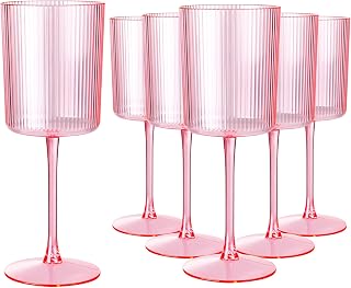 Ciaell 12 PCS Pink Plastic Ribbed Wine Glasses - 10 OZ Plastic Square Wine Glasses with Stem - Disposable Champagne Cups for Parties & Weddings & Party