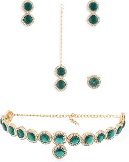ZAVERI PEARLS Green Dazzling Stones Necklace Earring Maangtikka & Ring Set For Women-ZPFK14600 Price In India