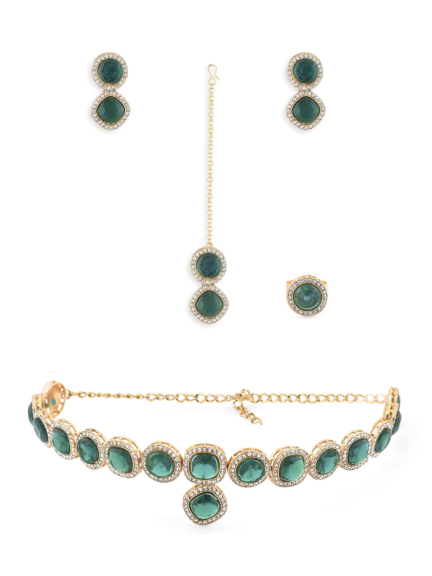 ZAVERI PEARLS Green Dazzling Stones Necklace Earring Maangtikka & Ring Set For Women-ZPFK14600 (B0BCGQYF94) Amazon Price History, Amazon Price Tracker