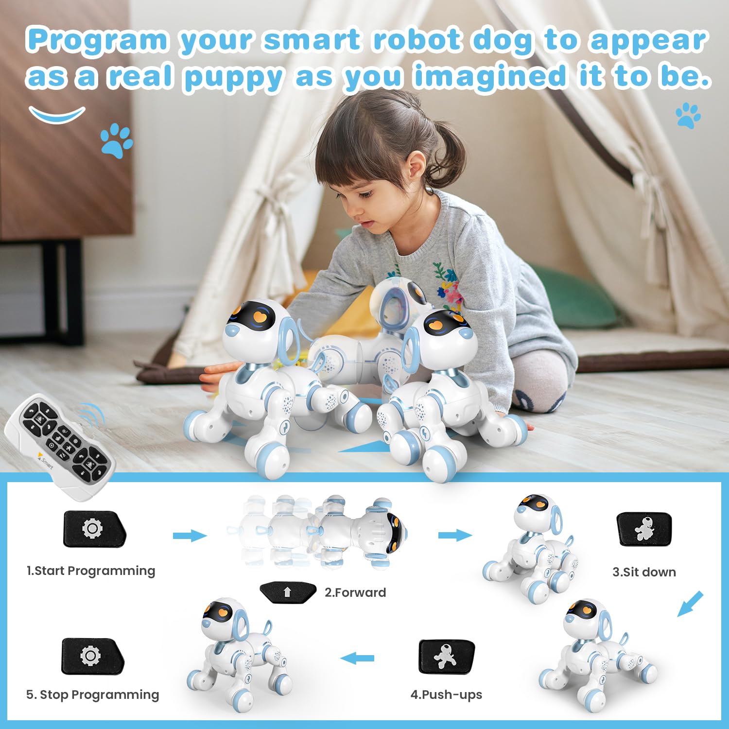 Perro robot, perro a control remoto para niños con detección táctil de cabeza y función de música, robot interactivo programable, divertido juguete de regalo para niños de 3 a 7 años, azul 4