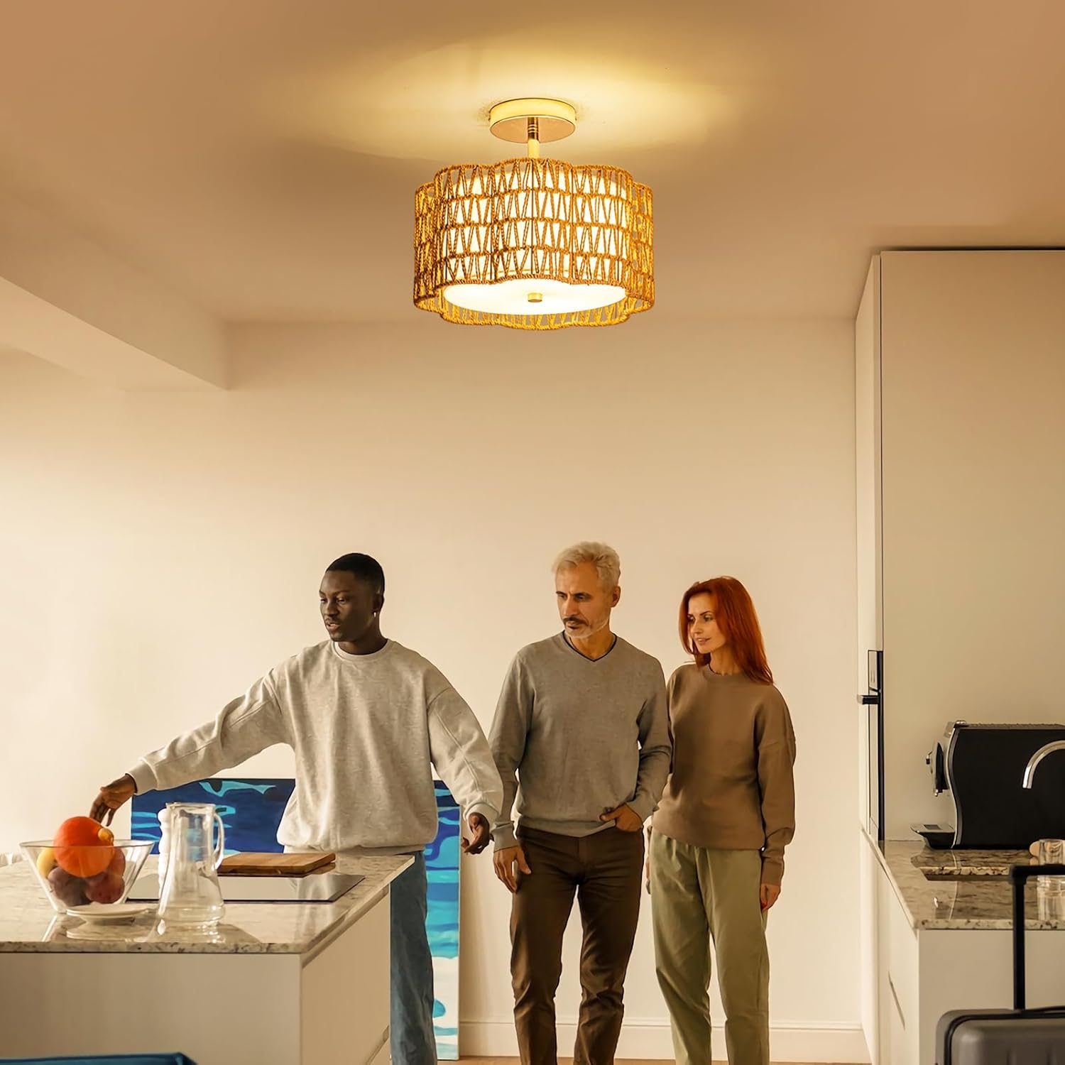 Tbaoinla✿ 13.8＂ Handwoven 3-Light Rattan Ceiling Light | Boho Flush Mount for Bedroom & Nursery, Natural Fiber Basket Light Fixture, Gold Light Fixture