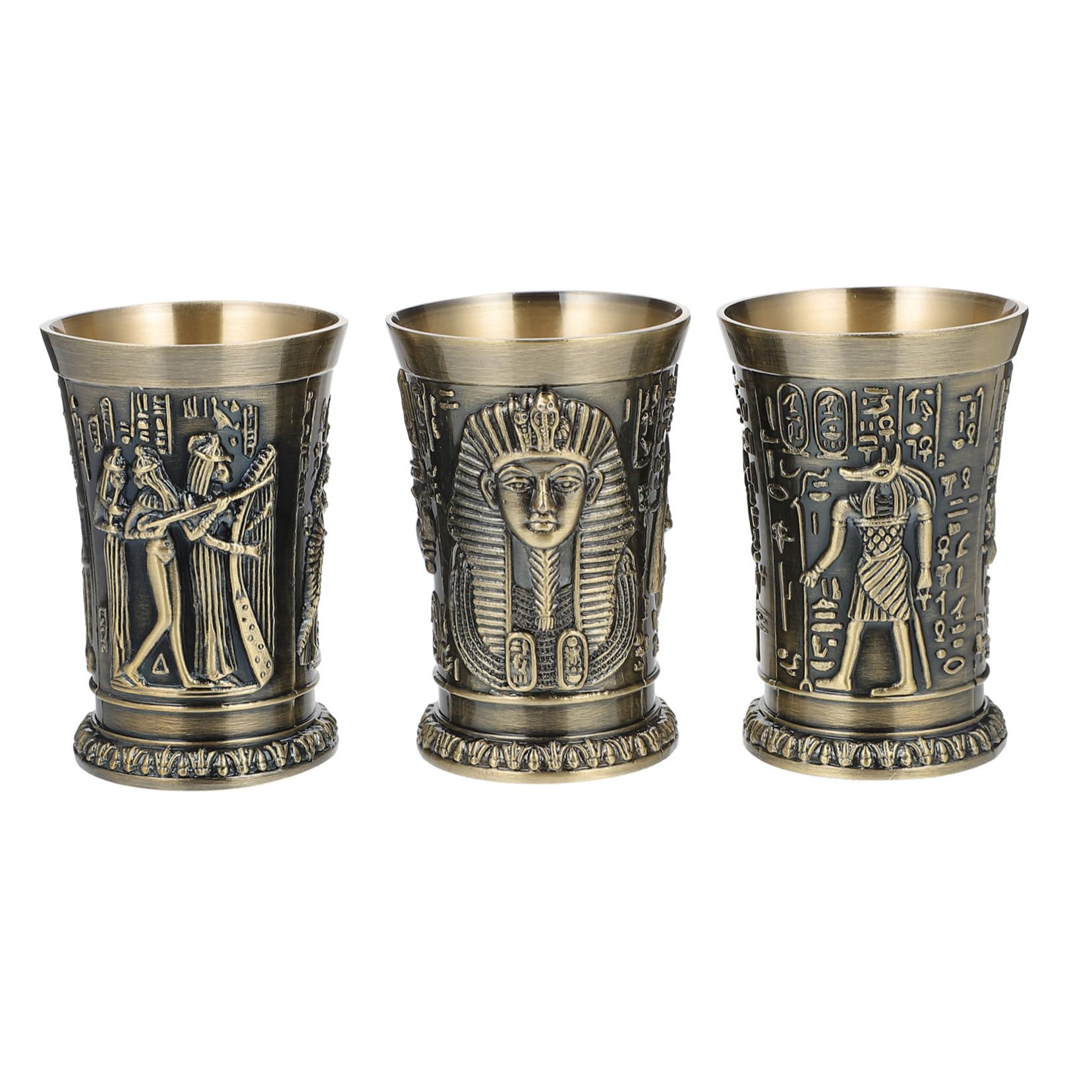 Lurrose 3 Stück Teiliges Antike Metall Shotgläser mit Ägyptischem Totem design Stabiles Langlebiges Zinklegierungs cocktailglas in Bronze für Wein Schnaps und Partys