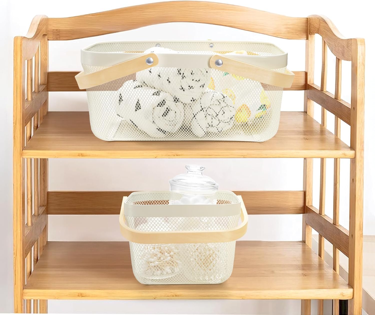 ZEAYEA 2 Pack Harvest Basket with Handle, Garden Baskets for Gathering Vegetables, Multi-functional Metal Mesh Fruit Basket, White Mesh Storage Basket for Picnic Kitchen Garden Cabinet Pantry Bathroom